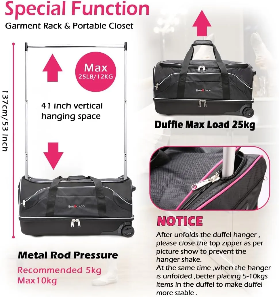 Dance Bag With Garment Rack,28inch Dance Competition Garment Bags with Clothes rack,Suitcase,Rolling duffle For Travel, Wheeled Drop-Bottom Upright Luggage Closet Suitcase (Grey)