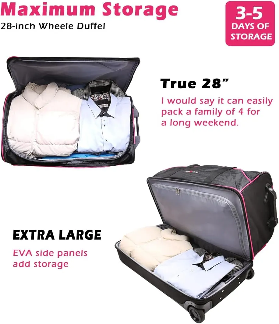 Dance Bag With Garment Rack,28inch Dance Competition Garment Bags with Clothes rack,Suitcase,Rolling duffle For Travel, Wheeled Drop-Bottom Upright Luggage Closet Suitcase (Pink)