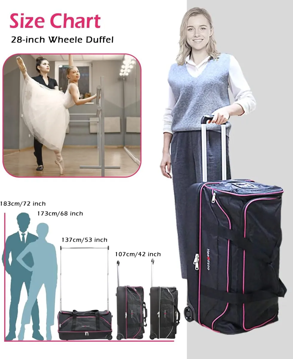 Dance Bag With Garment Rack,28inch Dance Competition Garment Bags with Clothes rack,Suitcase,Rolling duffle For Travel, Wheeled Drop-Bottom Upright Luggage Closet Suitcase (Pink)