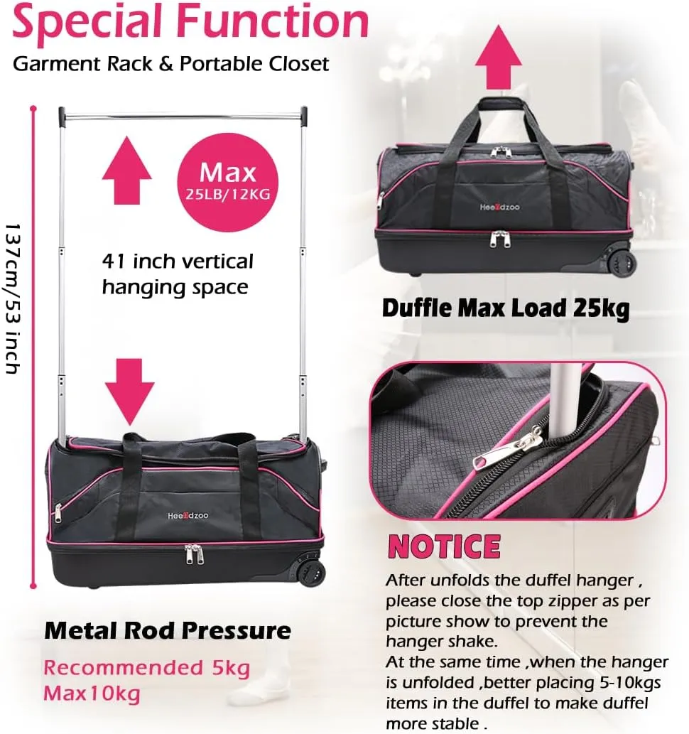 Dance Bag With Garment Rack,28inch Dance Competition Garment Bags with Clothes rack,Suitcase,Rolling duffle For Travel, Wheeled Drop-Bottom Upright Luggage Closet Suitcase (Pink)