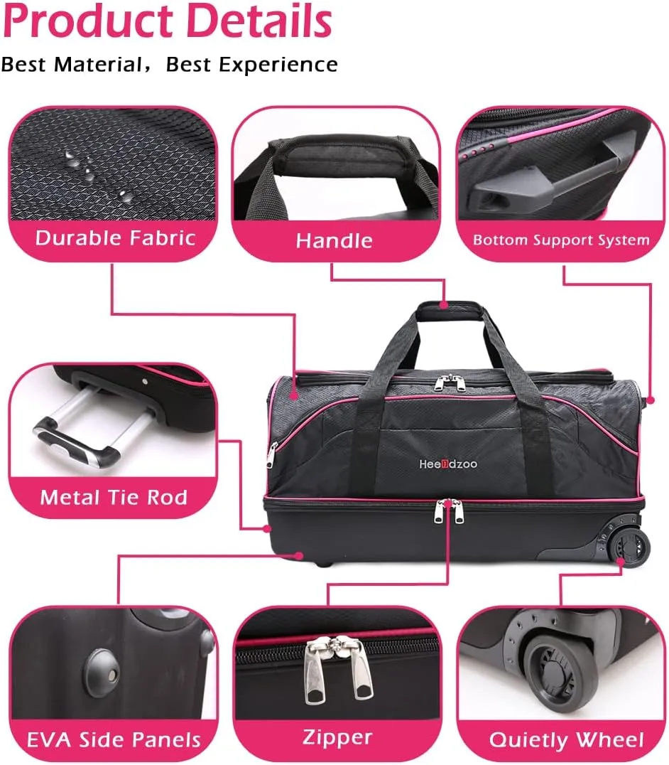 Dance Bag With Garment Rack,28inch Dance Competition Garment Bags with Clothes rack,Suitcase,Rolling duffle For Travel, Wheeled Drop-Bottom Upright Luggage Closet Suitcase (Pink)