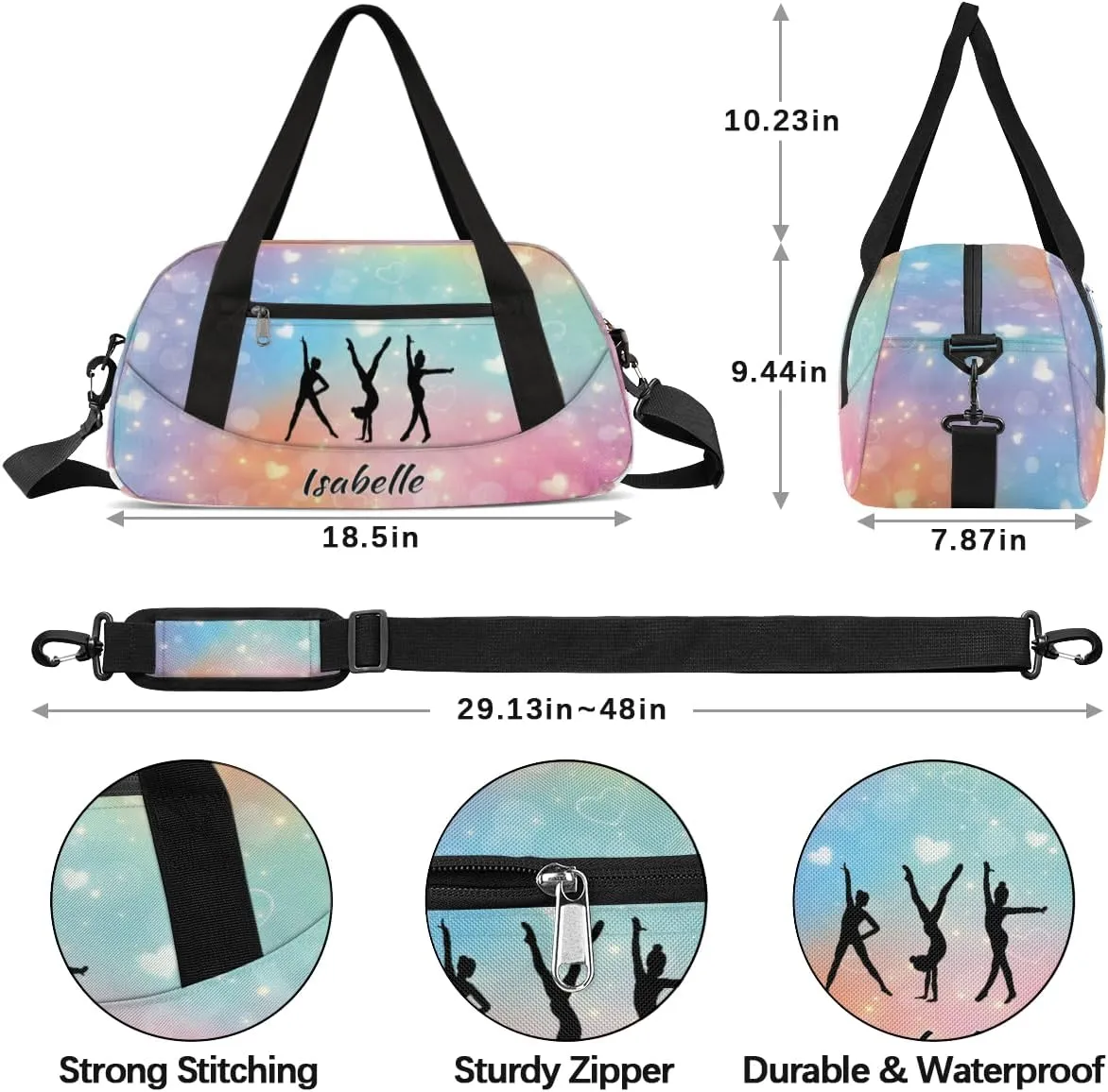Dance Bags for Girls Duffle Bag Kids Overnight Travel Sleepover Bag Customized Name Text Sports Gym Bag