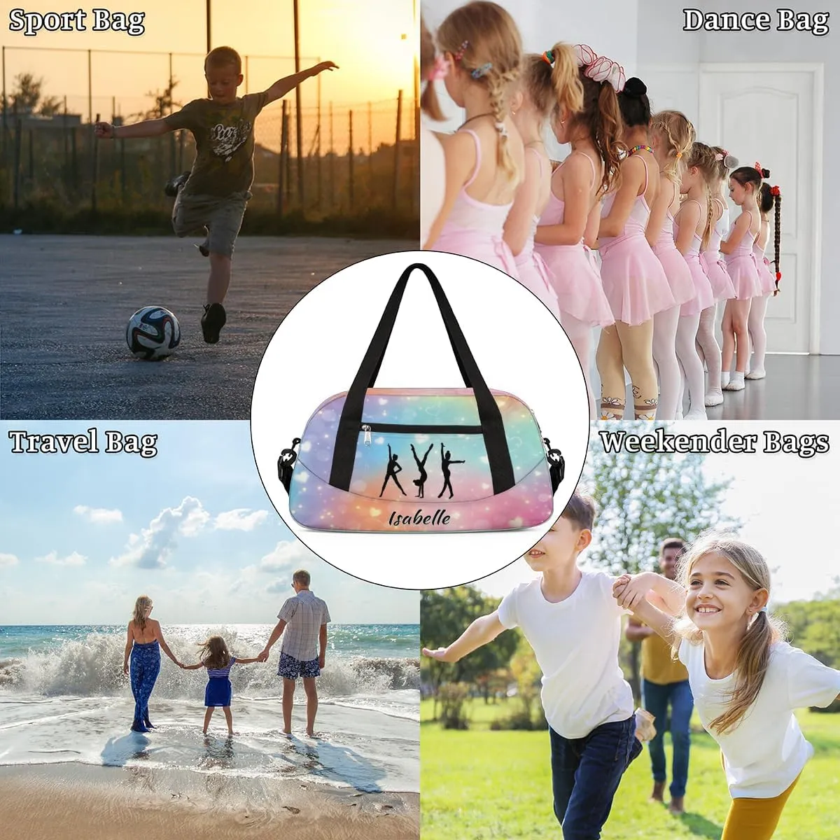 Dance Bags for Girls Duffle Bag Kids Overnight Travel Sleepover Bag Customized Name Text Sports Gym Bag