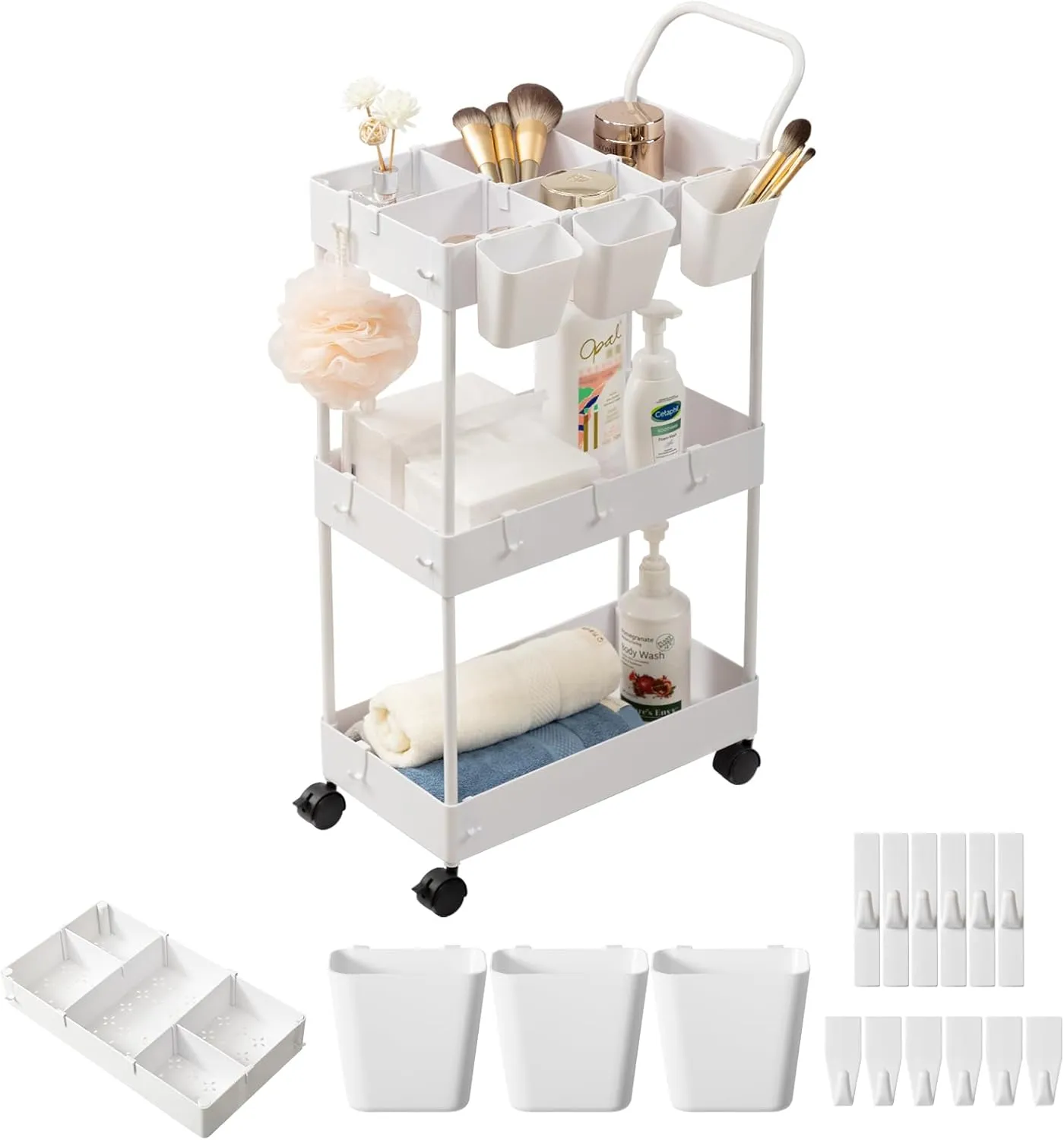 danpinera Storage Cart on Wheels, 3 Tier Slim Laundry Cart with Wheels Bathroom Cart Organizer with Hanging Cups Hooks Dividers Handle Mobile Rolling Art Cart for Bathroom Kitchen Narrow Places, White