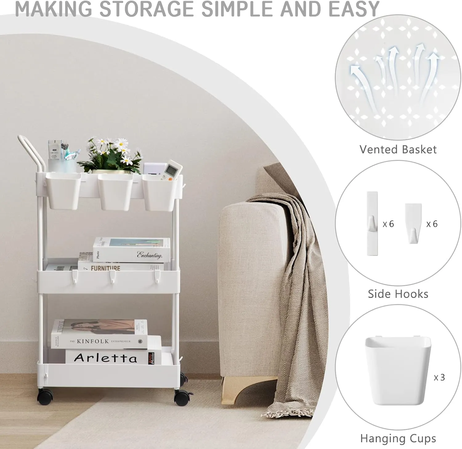danpinera Storage Cart on Wheels, 3 Tier Slim Laundry Cart with Wheels Bathroom Cart Organizer with Hanging Cups Hooks Dividers Handle Mobile Rolling Art Cart for Bathroom Kitchen Narrow Places, White