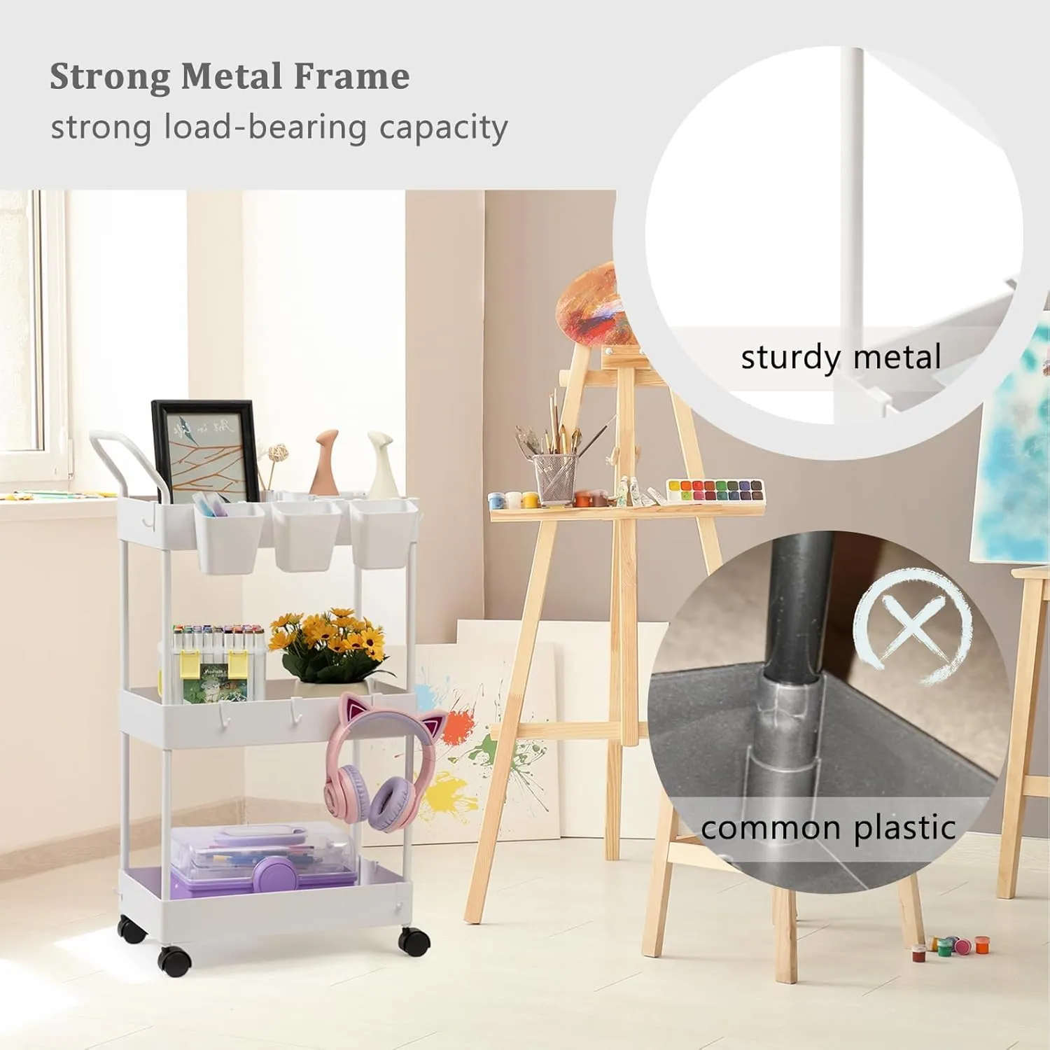 danpinera Storage Cart on Wheels, 3 Tier Slim Laundry Cart with Wheels Bathroom Cart Organizer with Hanging Cups Hooks Dividers Handle Mobile Rolling Art Cart for Bathroom Kitchen Narrow Places, White