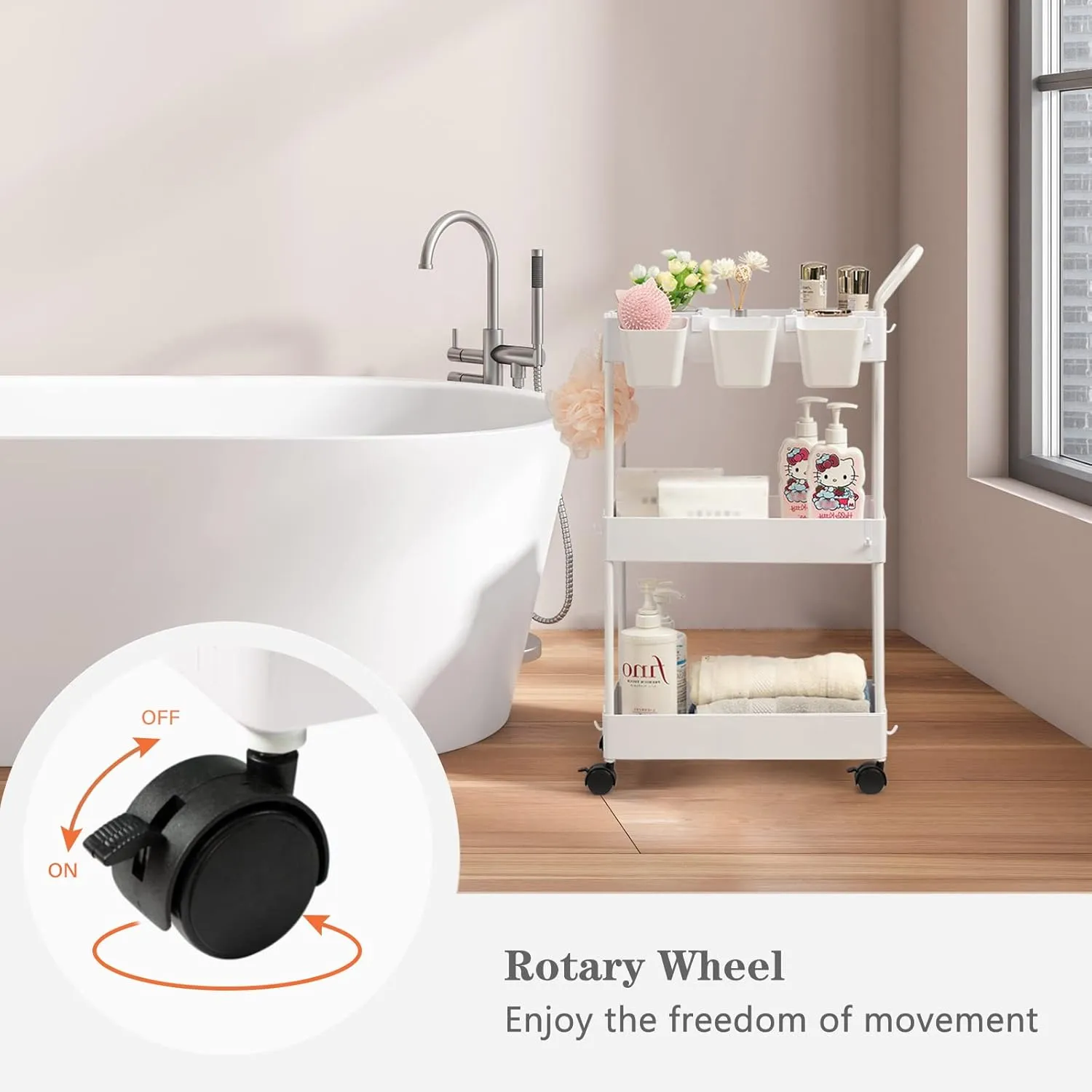 danpinera Storage Cart on Wheels, 3 Tier Slim Laundry Cart with Wheels Bathroom Cart Organizer with Hanging Cups Hooks Dividers Handle Mobile Rolling Art Cart for Bathroom Kitchen Narrow Places, White