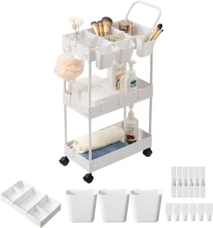 danpinera Storage Cart on Wheels, 3 Tier Slim Laundry Cart with Wheels Bathroom Cart Organizer with Hanging Cups Hooks Dividers Handle Mobile Rolling Art Cart for Bathroom Kitchen Narrow Places, White