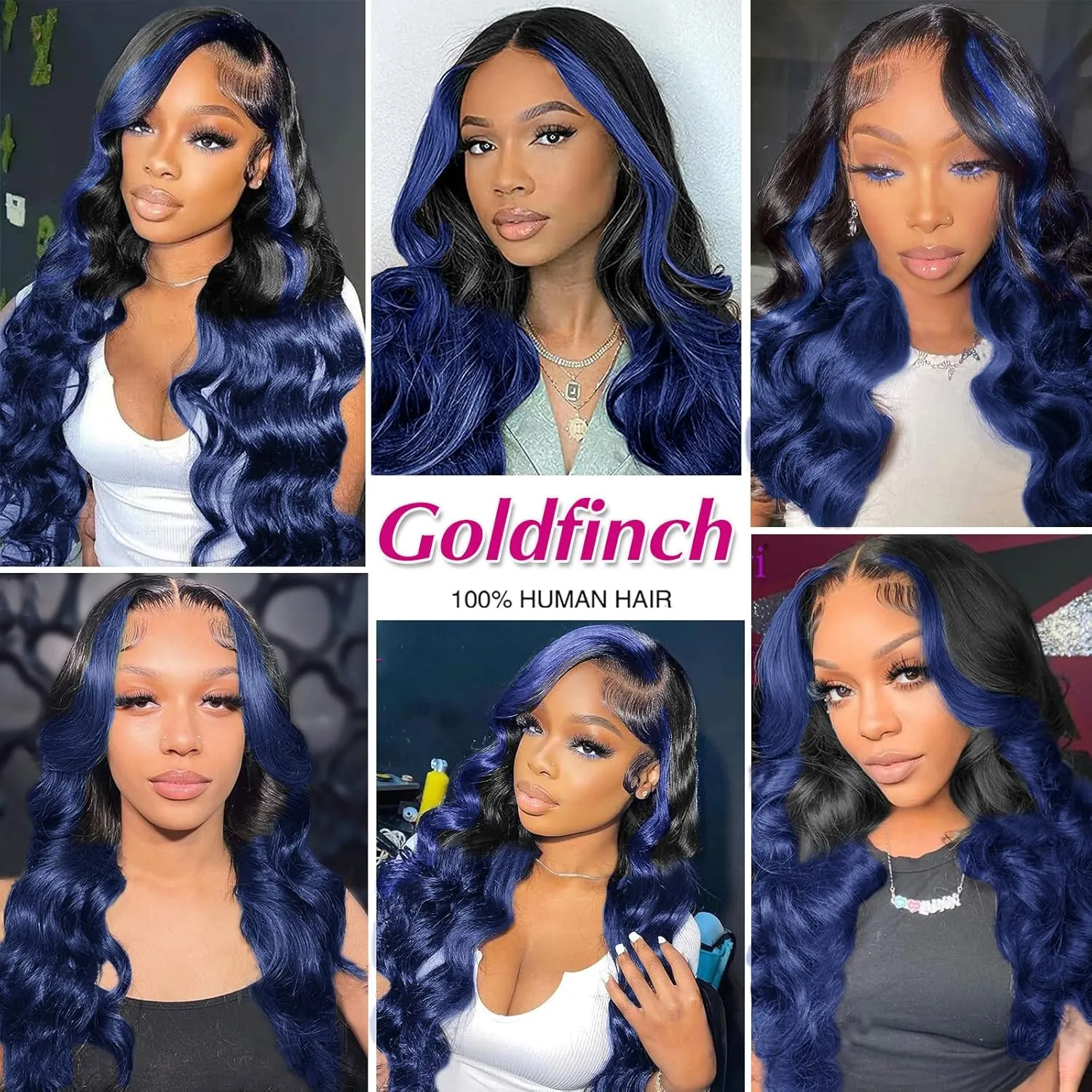 Dark Blue Skunk Stripe Body Wavy Lace Front Wigs Human Hair 1B/Blue Ombre 13x4 HD Lace Frontal Wigs Royal Blue Colored Wigs Highlight Transparent Lace Wig Glueless Pre Plucked 150% Density 18 Inch