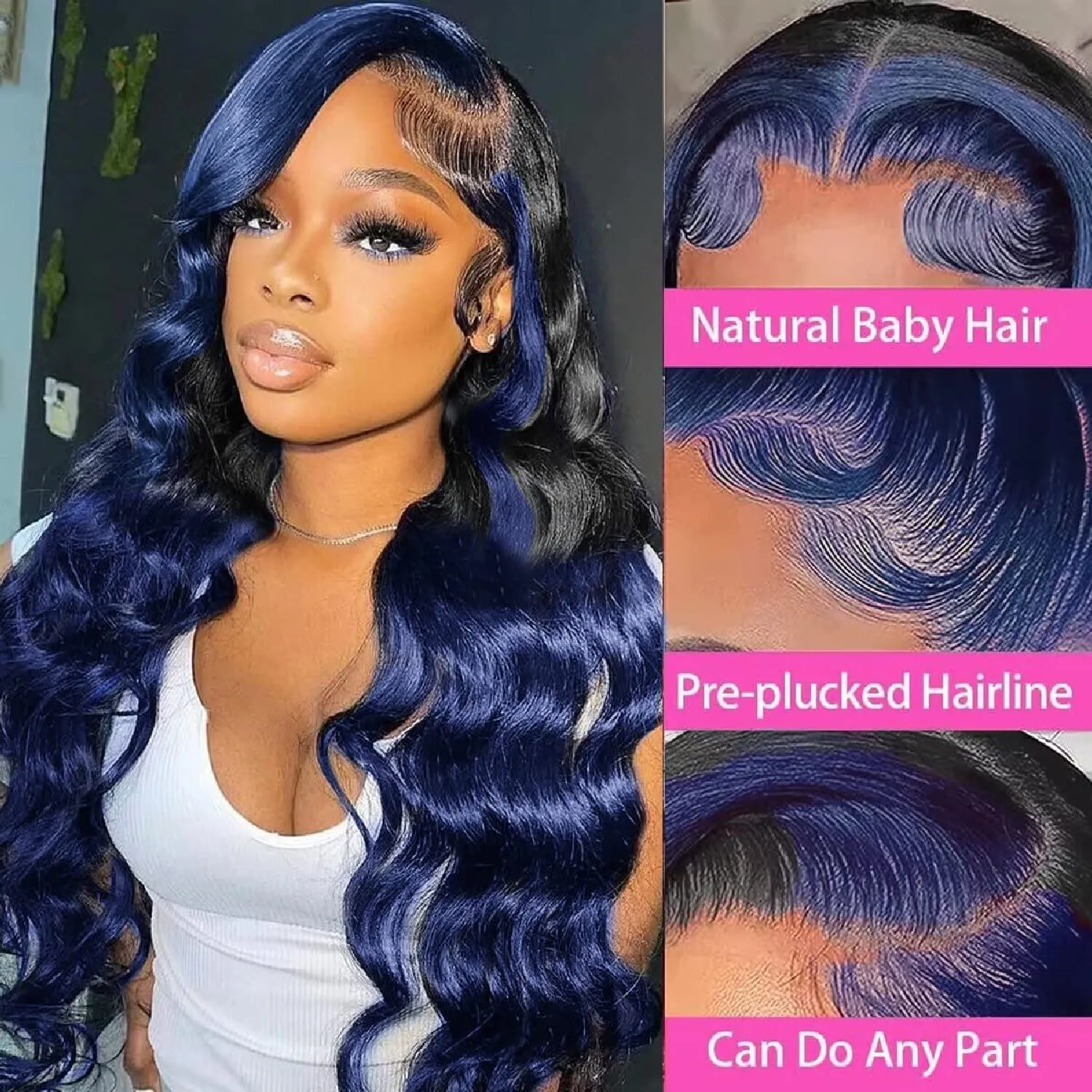 Dark Blue Skunk Stripe Body Wavy Lace Front Wigs Human Hair 1B/Blue Ombre 13x4 HD Lace Frontal Wigs Royal Blue Colored Wigs Highlight Transparent Lace Wig Glueless Pre Plucked 150% Density 18 Inch