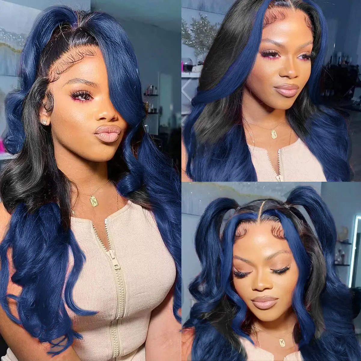 Dark Blue Skunk Stripe Body Wavy Lace Front Wigs Human Hair 1B/Blue Ombre 13x4 HD Lace Frontal Wigs Royal Blue Colored Wigs Highlight Transparent Lace Wig Glueless Pre Plucked 150% Density 18 Inch