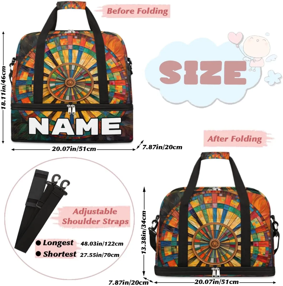 Darts Board Sports Custom Foldable Duffle Bag with Shoes Compartment Personalized Large Capacity Waterproof Travel Weekender Bag Overnight Bag for Sports Gym