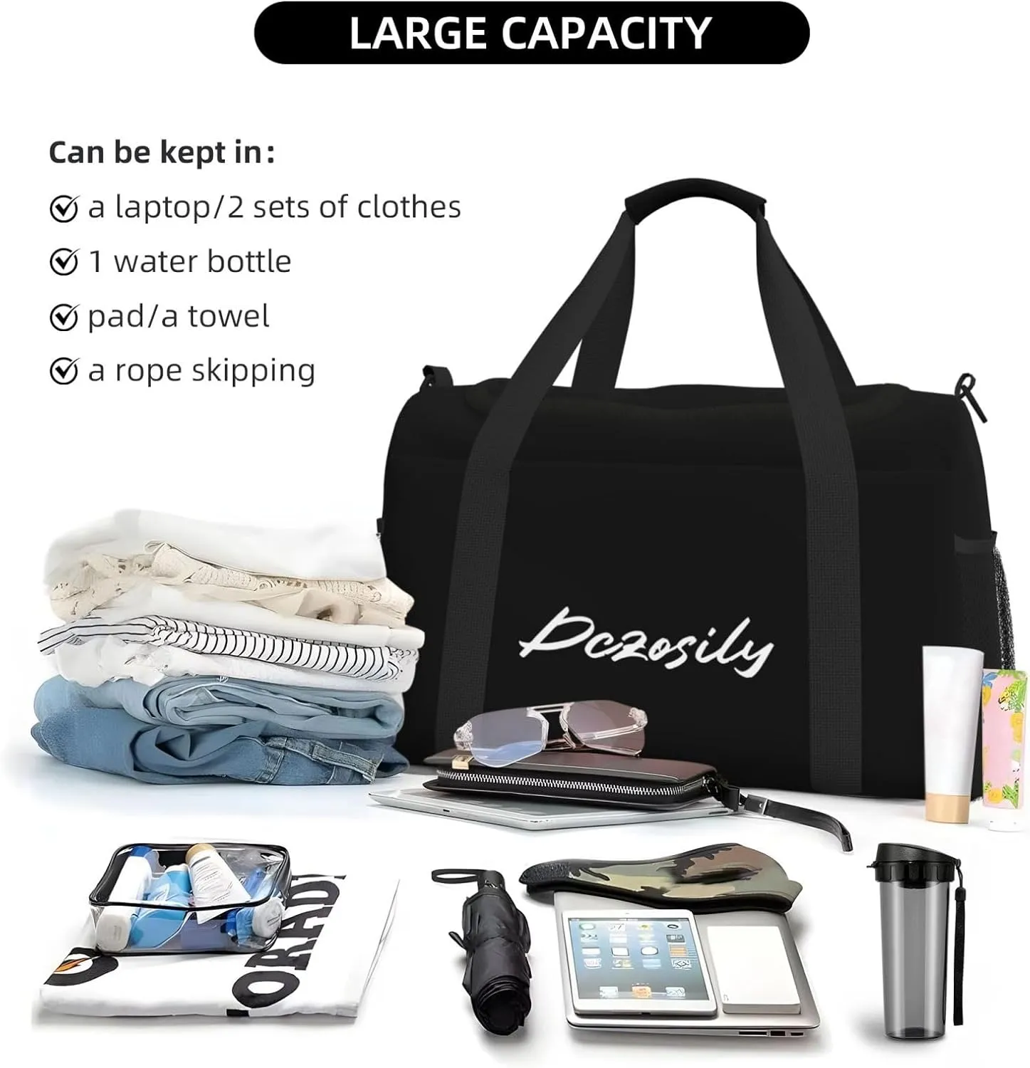 Dczosily Hand Travel Bag,Custom Design Text/Picture,Waterproof Weekender Gym Bag for Women, Large Storage Duffle Bag with Zippers and Handles, Foldable Duffle Bag (Black)