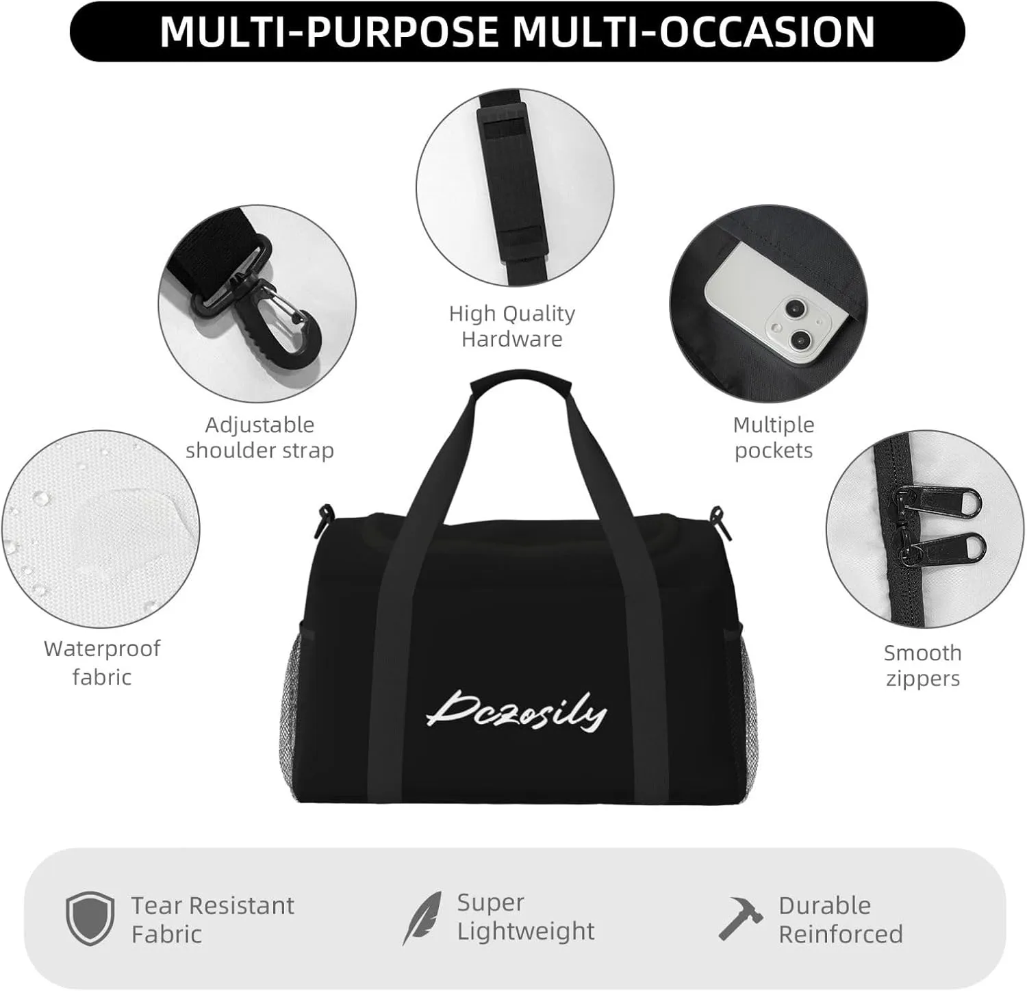 Dczosily Hand Travel Bag,Custom Design Text/Picture,Waterproof Weekender Gym Bag for Women, Large Storage Duffle Bag with Zippers and Handles, Foldable Duffle Bag (Black)