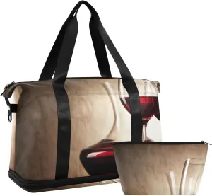 Decanter with Red Wine and Glass Ancient Background Gym Duffel Bag, Polyester Travel Weekender Luggage Handbag with Waterproof Pocket for Wet Items, Unisex Foldable Tote for Sports