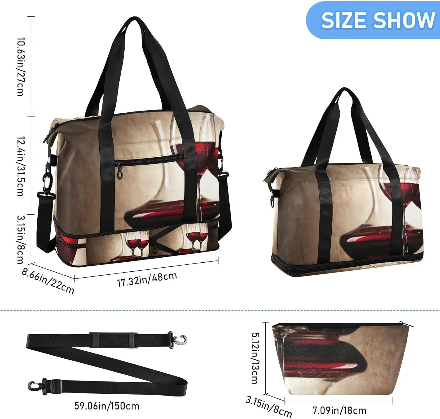 Decanter with Red Wine and Glass Ancient Background Gym Duffel Bag, Polyester Travel Weekender Luggage Handbag with Waterproof Pocket for Wet Items, Unisex Foldable Tote for Sports