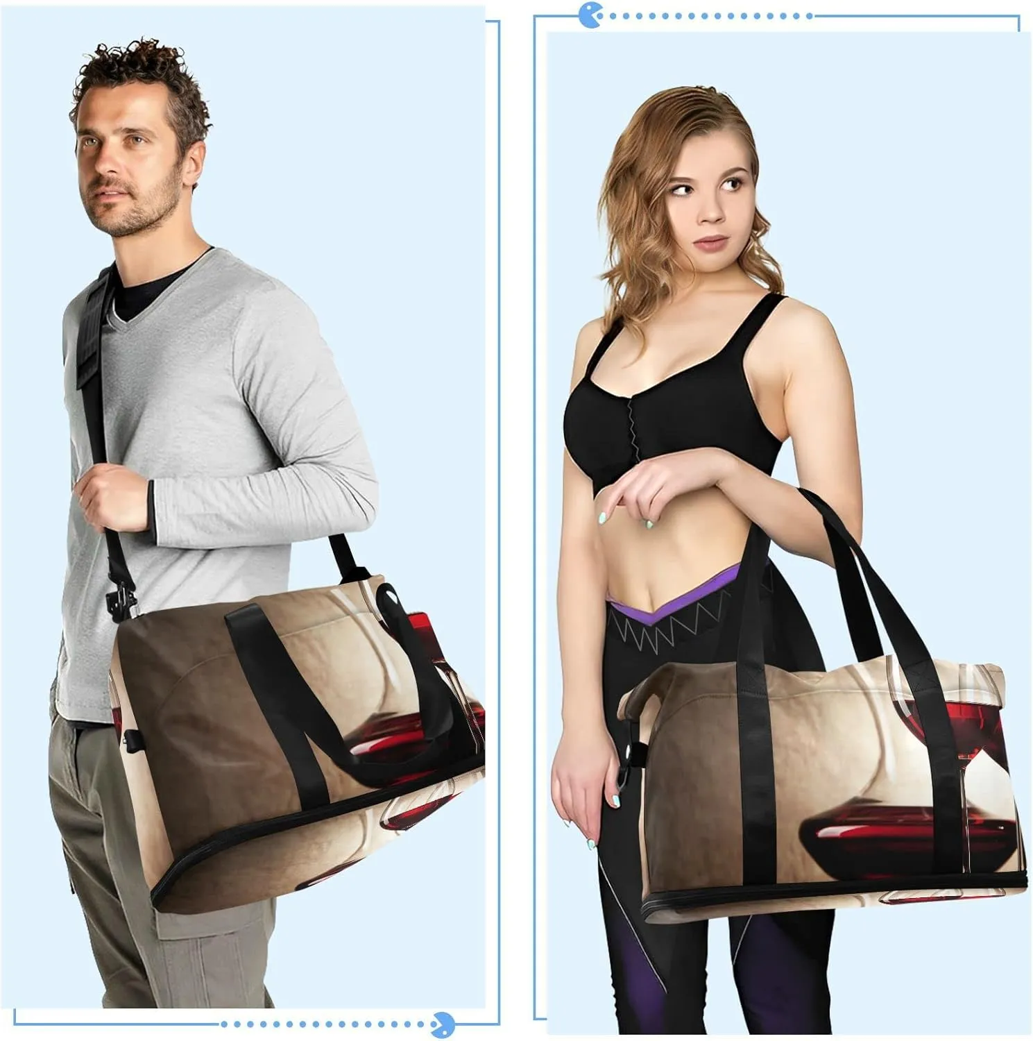 Decanter with Red Wine and Glass Ancient Background Gym Duffel Bag, Polyester Travel Weekender Luggage Handbag with Waterproof Pocket for Wet Items, Unisex Foldable Tote for Sports