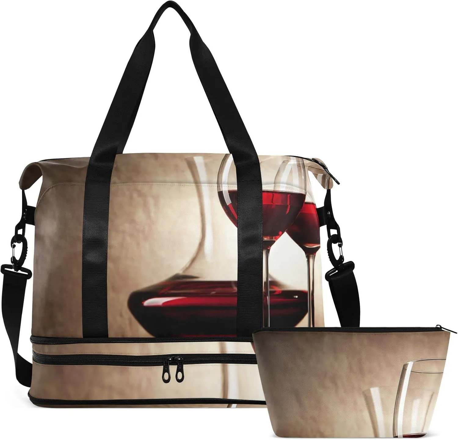 Decanter with Red Wine and Glass Ancient Background Gym Duffel Bag, Polyester Travel Weekender Luggage Handbag with Waterproof Pocket for Wet Items, Unisex Foldable Tote for Sports