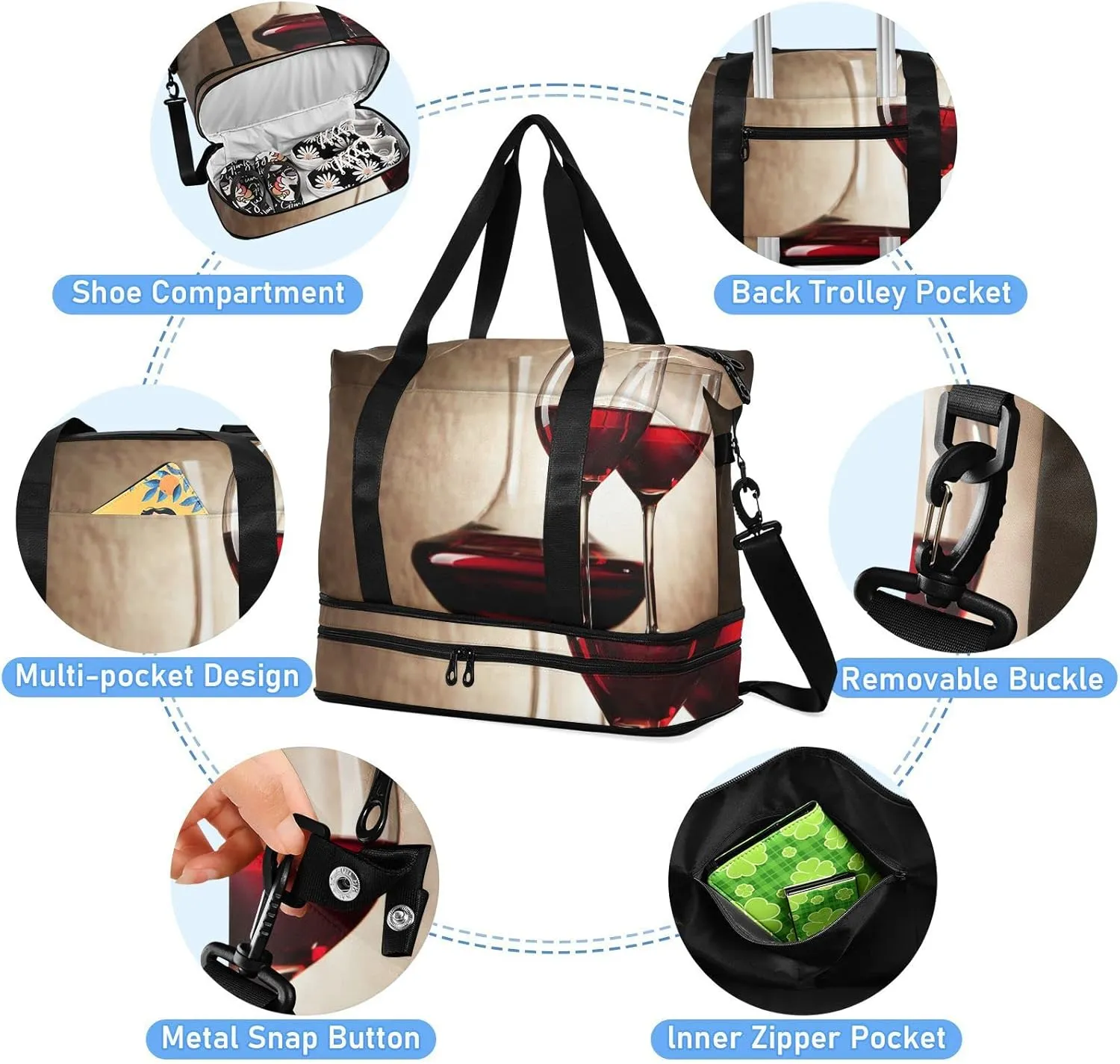 Decanter with Red Wine and Glass Ancient Background Gym Duffel Bag, Polyester Travel Weekender Luggage Handbag with Waterproof Pocket for Wet Items, Unisex Foldable Tote for Sports