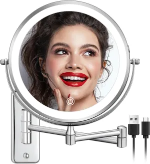 DECLUTTR Rechargeable Wall Mounted Makeup Mirror, 8 Inch 1X/10X Magnifying Mirror with 3 Color Lights, Dimmable LED Lighted Makeup Mirror with Double Sided