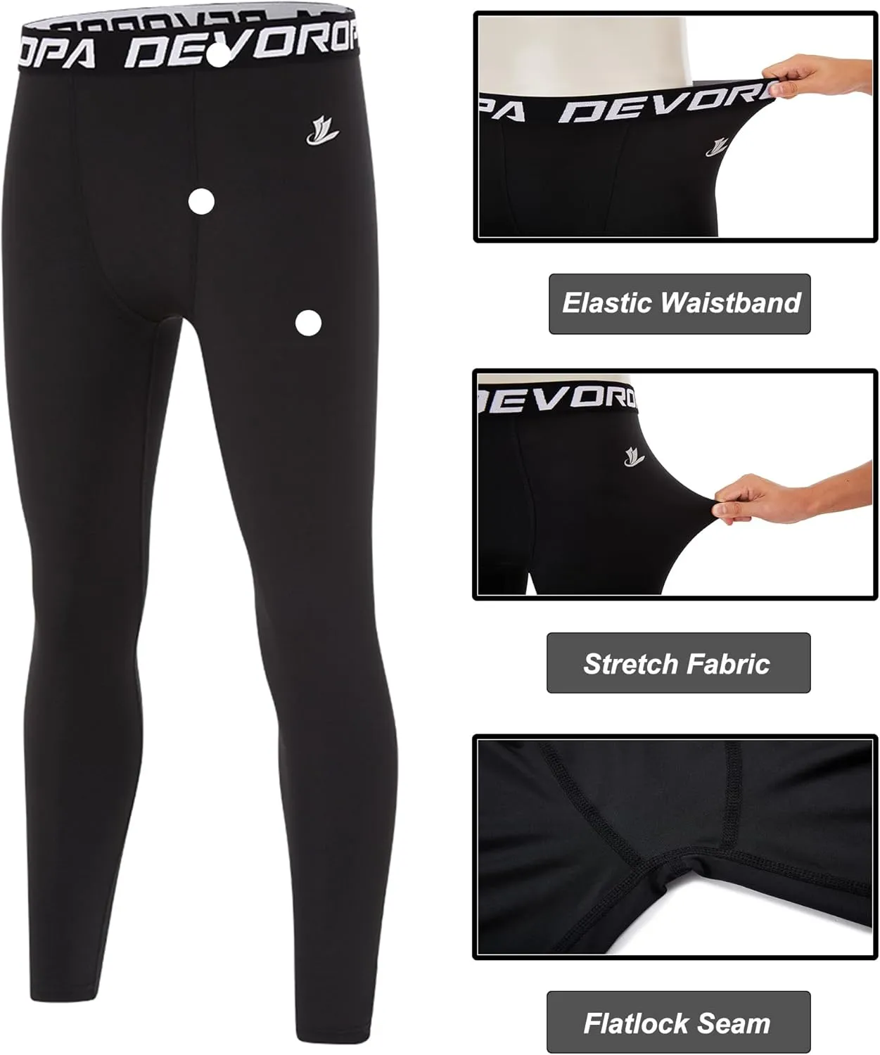 DEVOROPA Boys Leggings Quick Dry Youth Compression Pants Sports Tights Basketball Baseball Base Layer Husky/Slim/Regular Fit