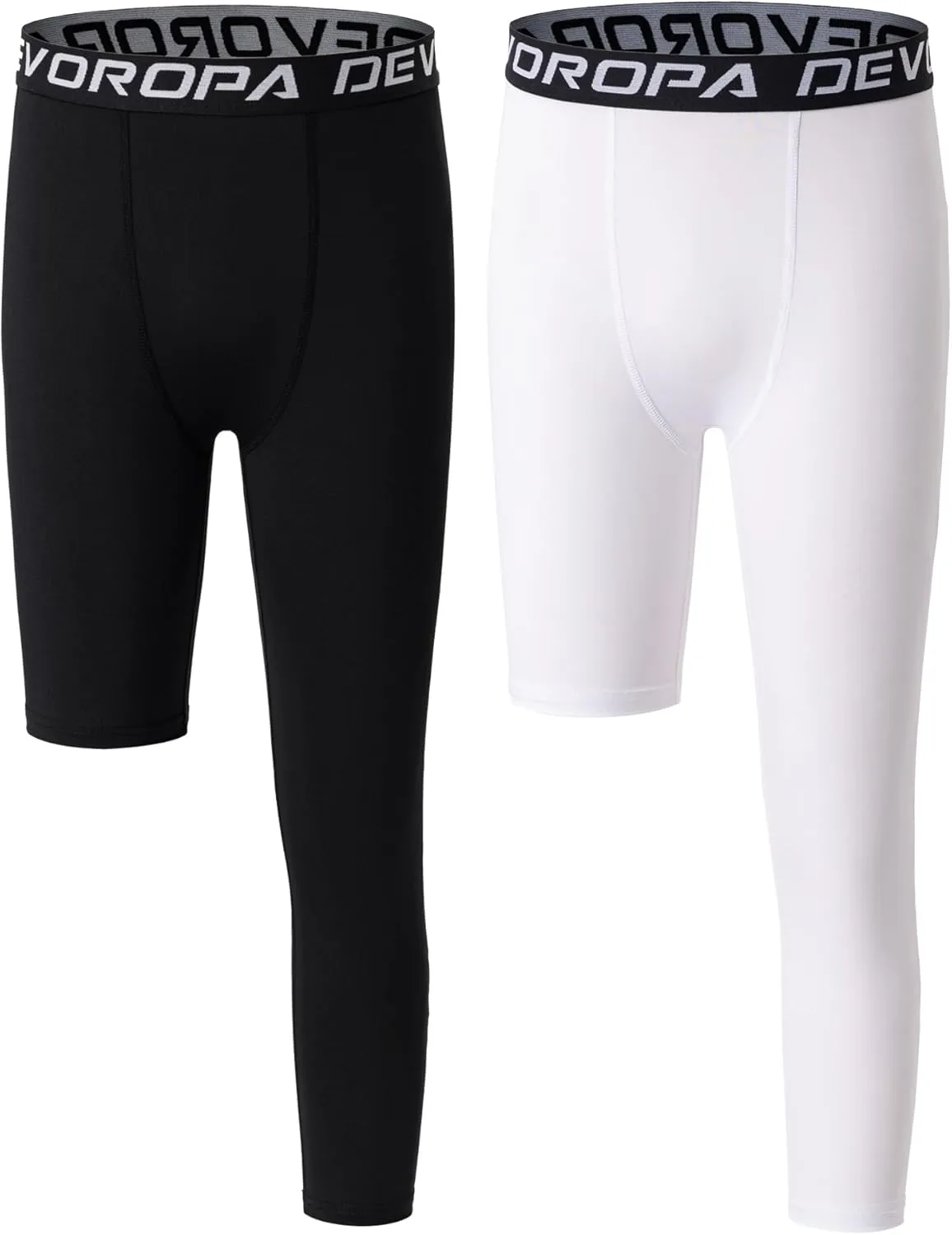 DEVOROPA Youth Boys One Leg Compression Pants for Basketball 3/4 Leggings Sports Tights Kids Athletic Soccer Base Layer
