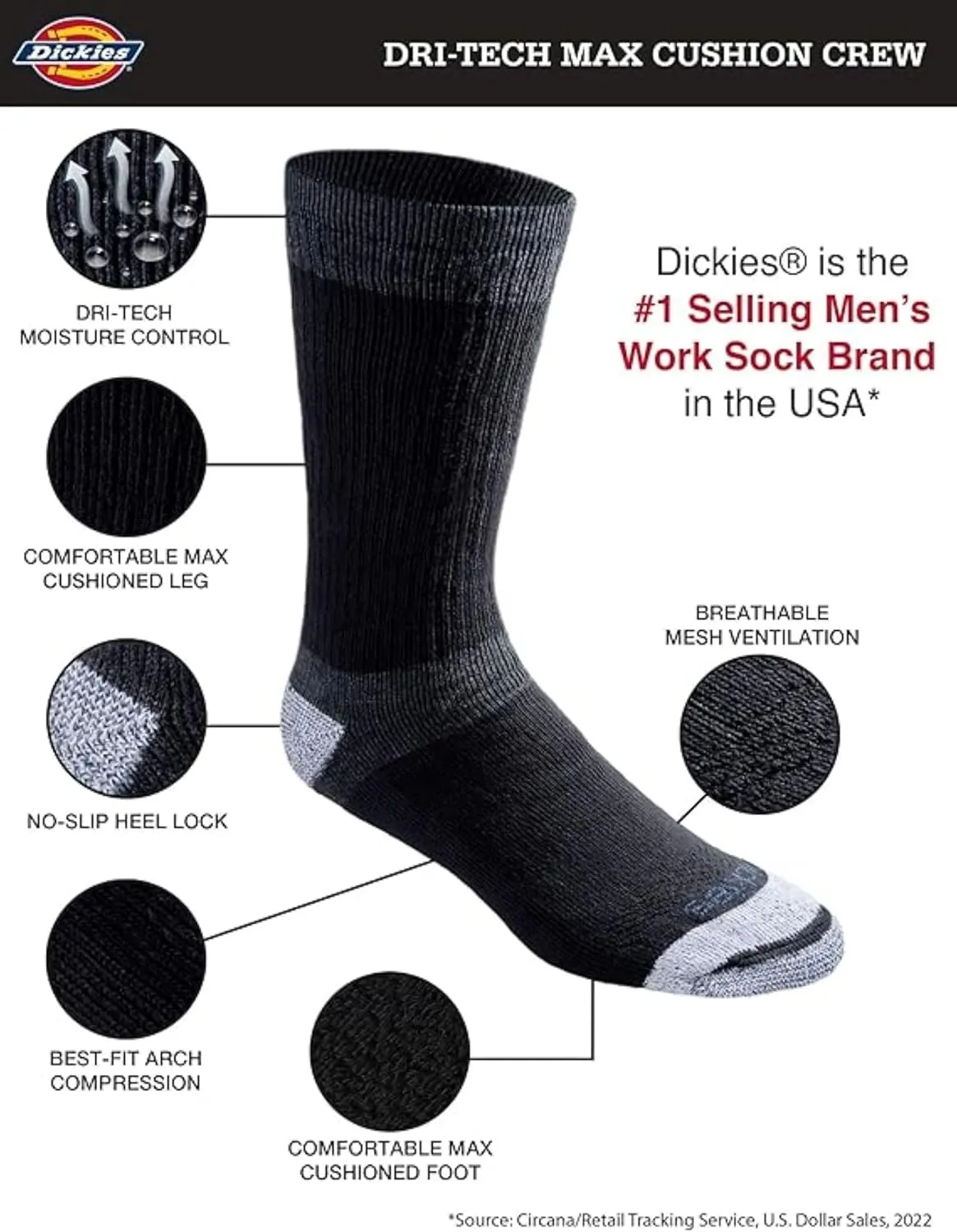 Dickies Men's Dri-tech Moisture Control Max Full Cushion Crew Socks, Available in M-XL (6, 12 Pairs)