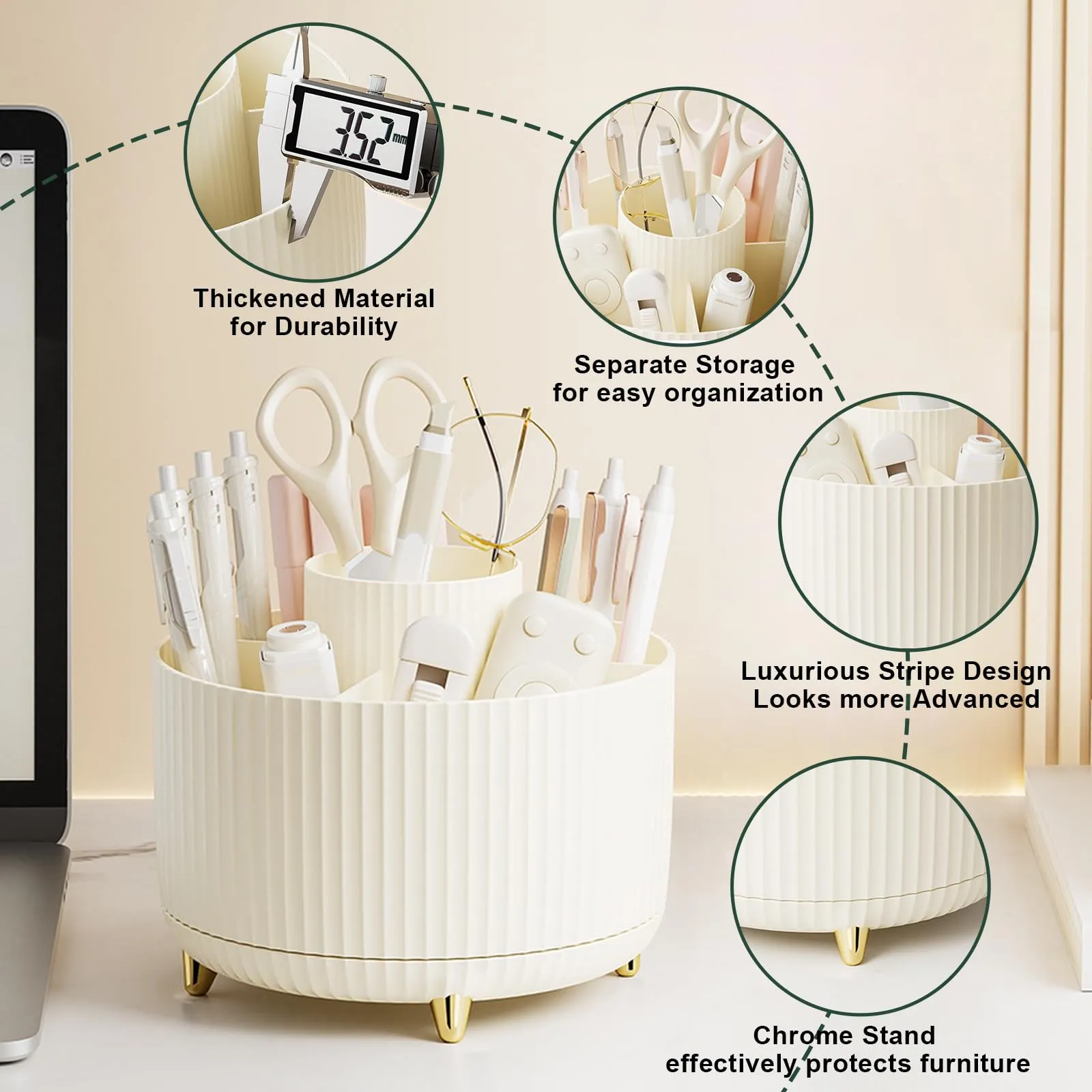 Diesisa Makeup Brush Holder Organizer,360° Rotating Makeup Brush Organizer,5 Slot Make up Brushes Cup for Cosmetics, Nail Polish, Art Supply, Bathroom Vanity Desktop Organizer - Cream