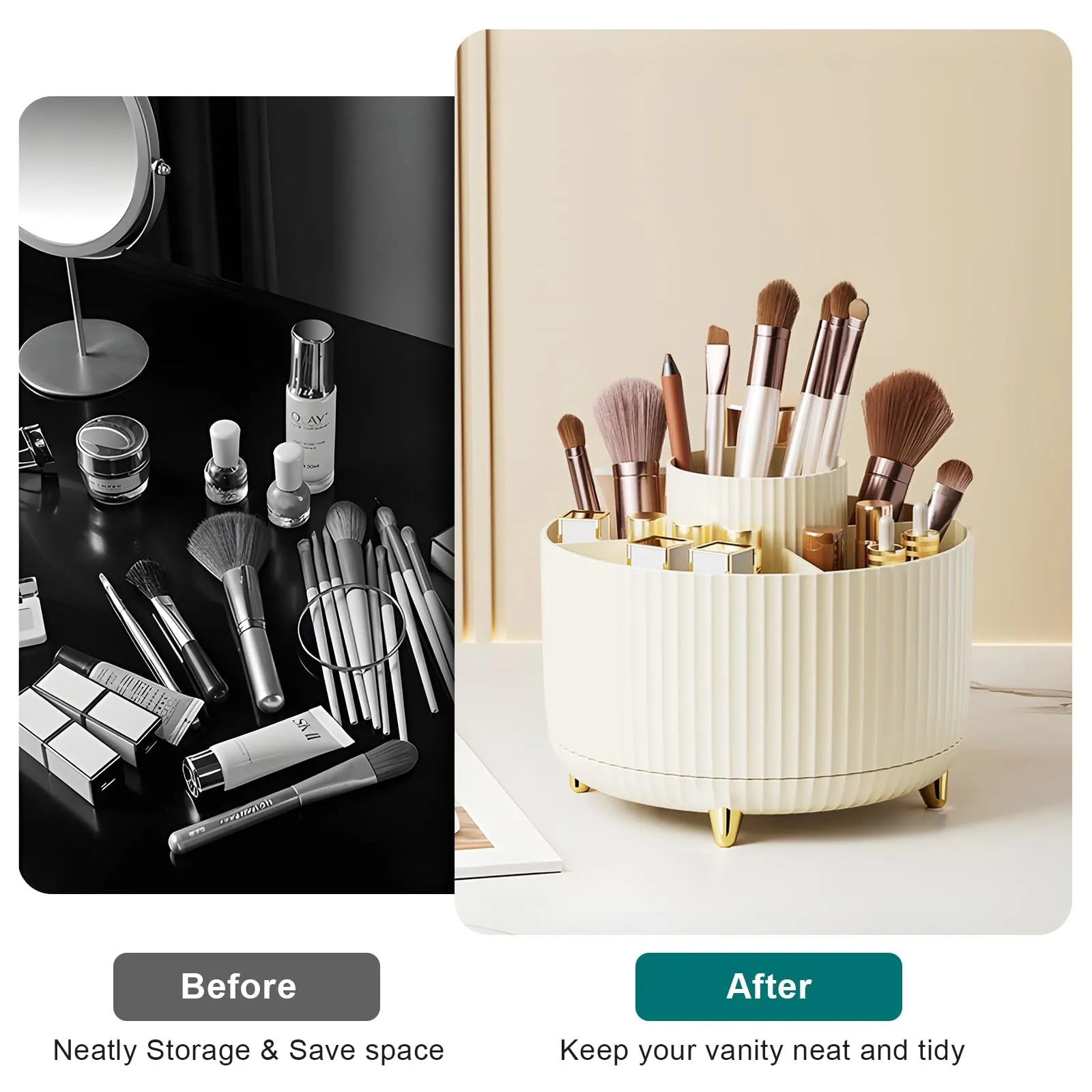 Diesisa Makeup Brush Holder Organizer,360° Rotating Makeup Brush Organizer,5 Slot Make up Brushes Cup for Cosmetics, Nail Polish, Art Supply, Bathroom Vanity Desktop Organizer - Cream