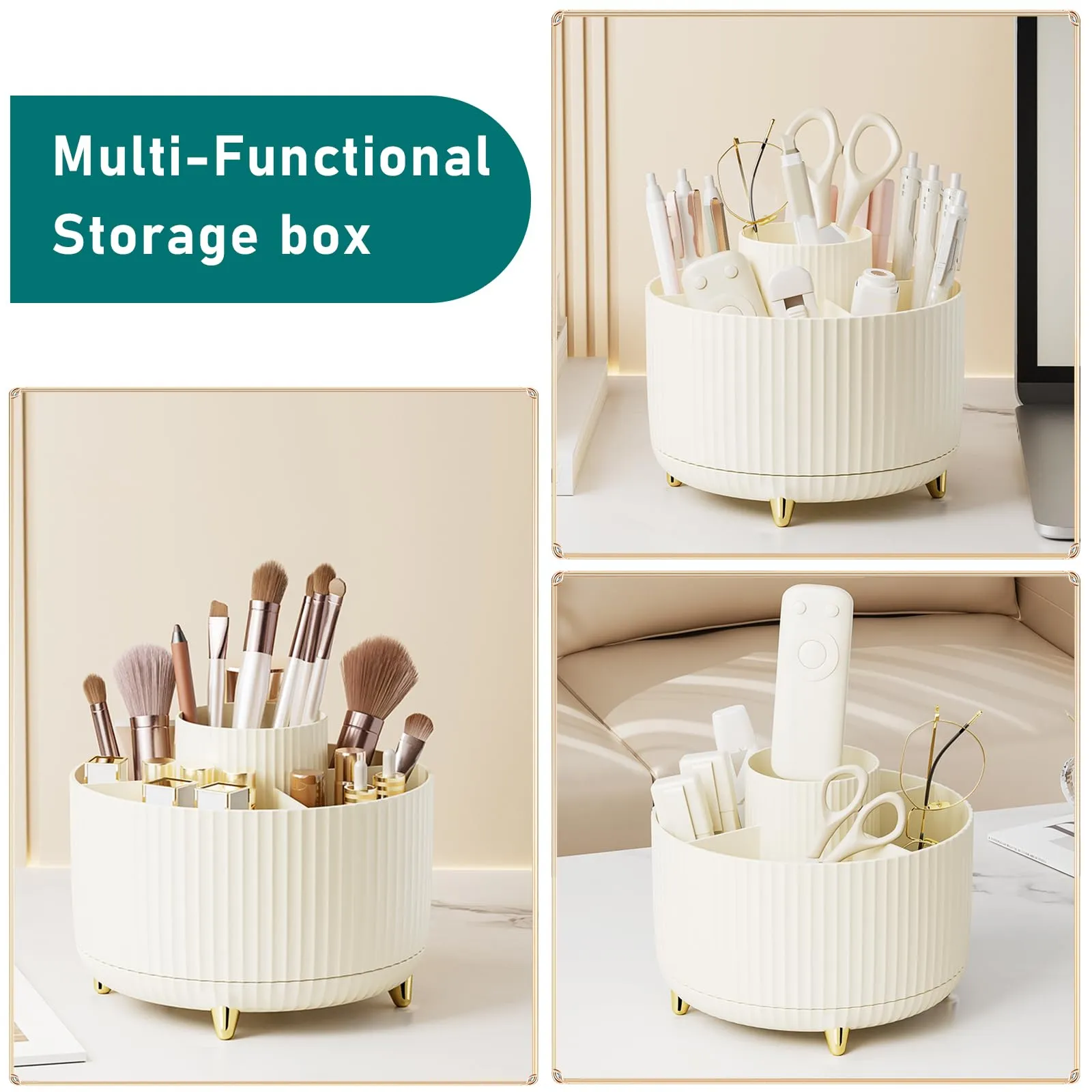 Diesisa Makeup Brush Holder Organizer,360° Rotating Makeup Brush Organizer,5 Slot Make up Brushes Cup for Cosmetics, Nail Polish, Art Supply, Bathroom Vanity Desktop Organizer - Cream