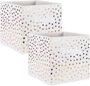 DII Non Woven Storage Collection Polka Dot Collapsible Bin Large Set, 13x13x13 Cube, White & Gold, 2 Piece