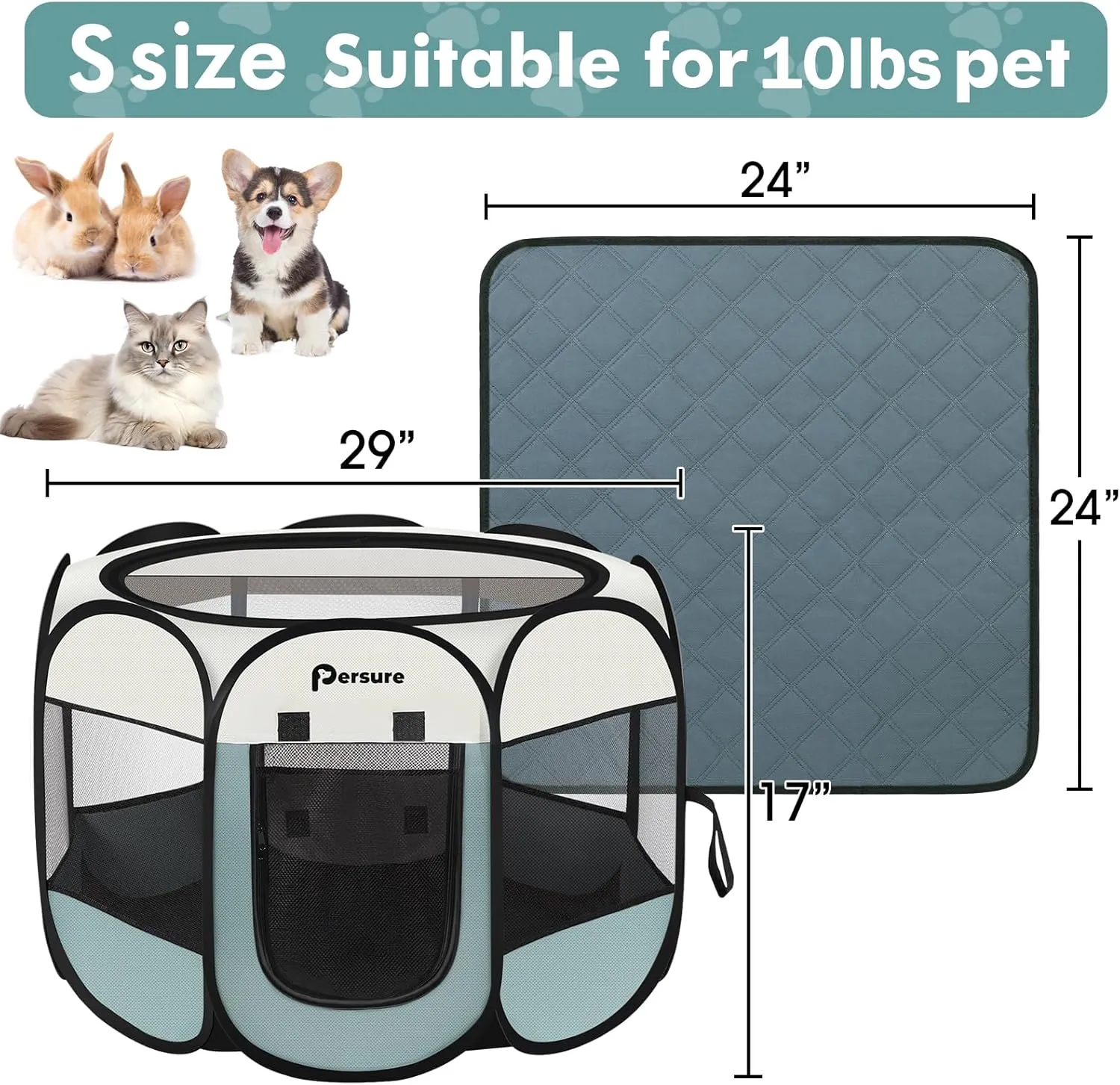 Dog Cat Playpen Indoor Outdoor for Puppy Pet Dogs Cat Travel and Recovery After Surgery, Dog Enclosure Tent Crates Cage, Portable Pop Up Dogs Kennel with Carrying Case(Grey, Small with Pad)