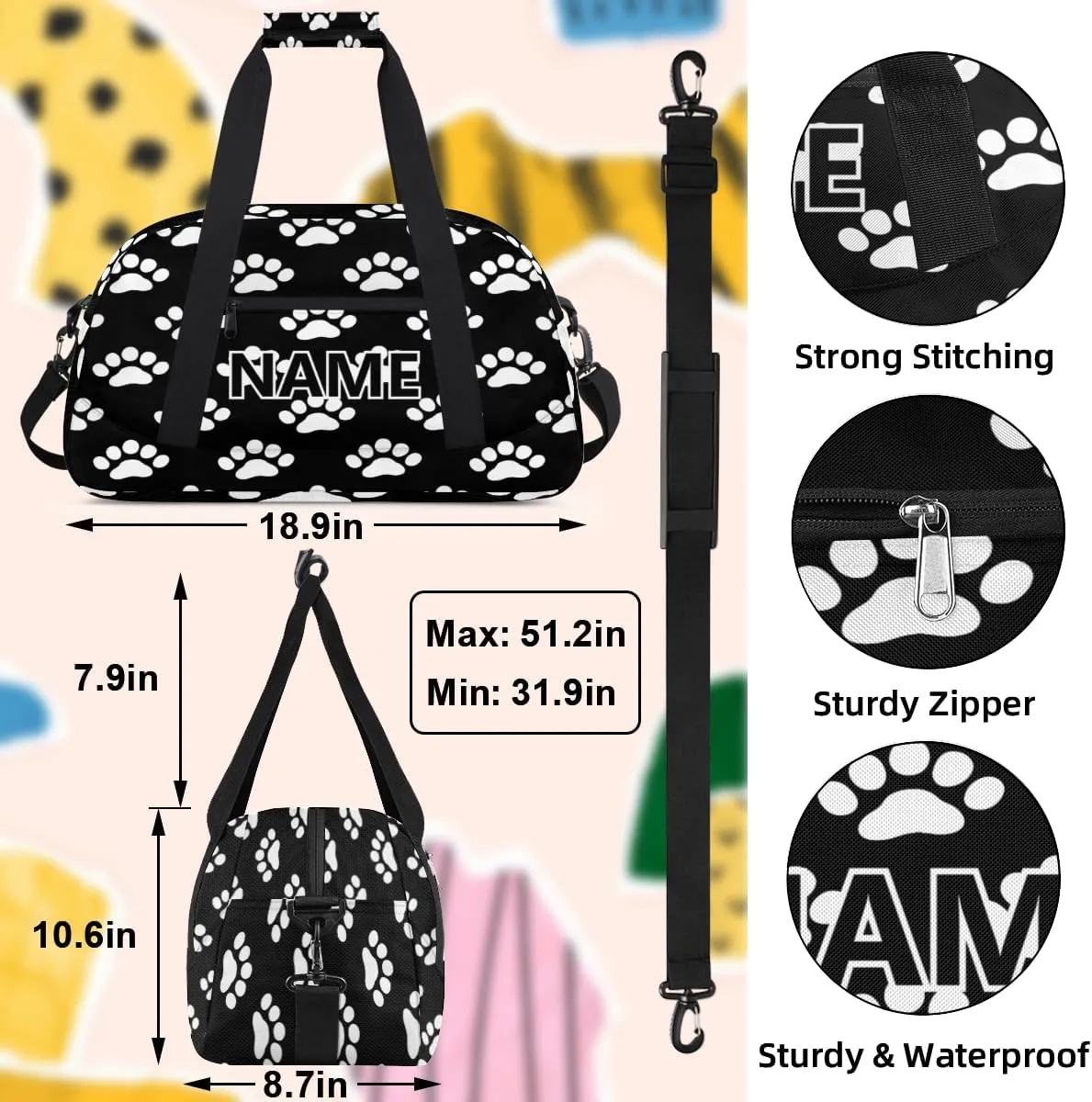 Dog Paw Print Mini Gym Bag 18 inch for Women Men Waterproof Custom Paws Travel Duffel Bag Carry On Overnight Tote Nurse Bag for Work Fitness Hiking