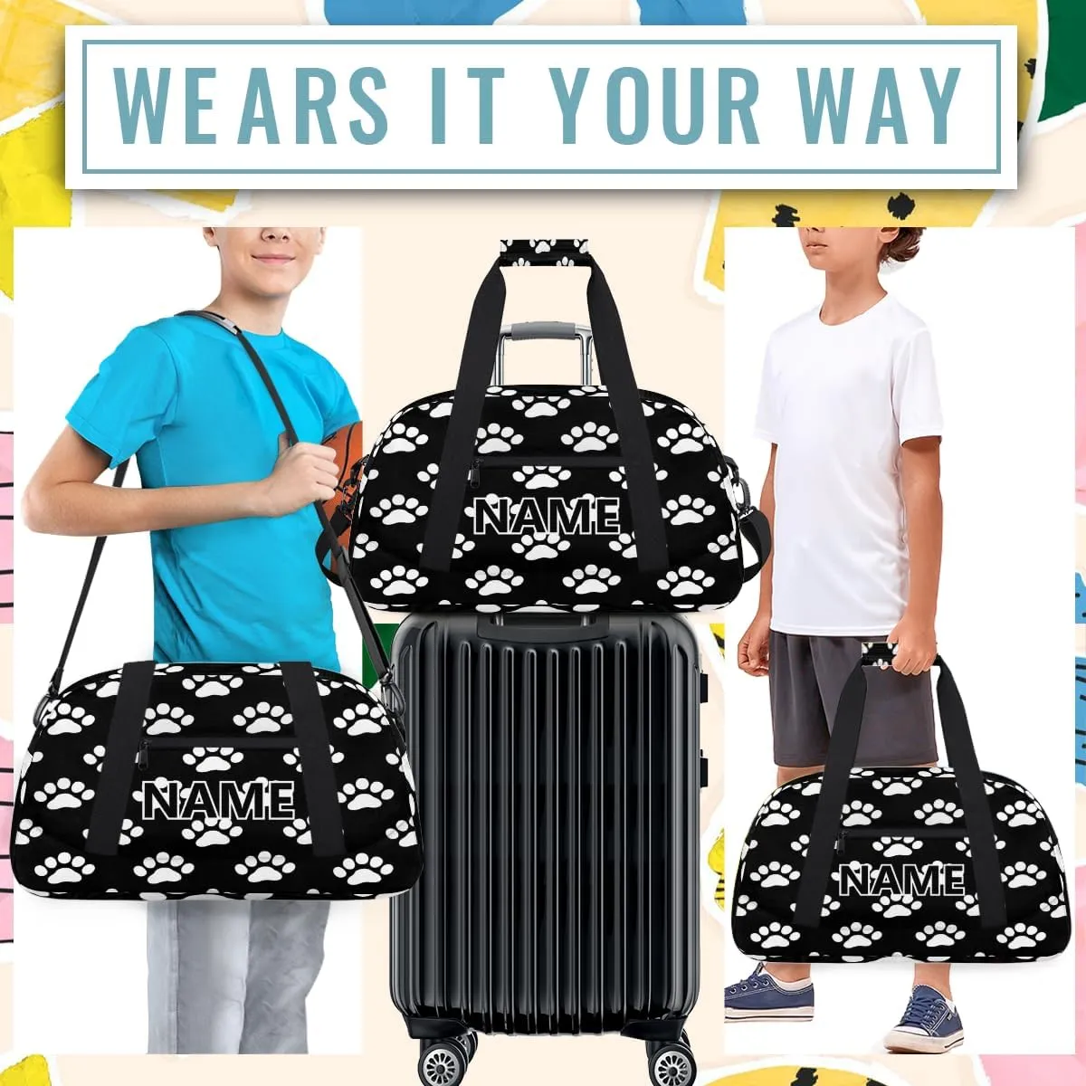 Dog Paw Print Mini Gym Bag 18 inch for Women Men Waterproof Custom Paws Travel Duffel Bag Carry On Overnight Tote Nurse Bag for Work Fitness Hiking
