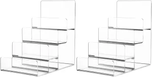 DOITOOL 4-Tier Clear Display Risers Stand: Acrylic Wallet Display Stand Holder, Clear Handbag Purse Display Stand Jewelry Display Riser Purse Handbag Organizer - 2 Pack (3.9X6.1X6.3inch)