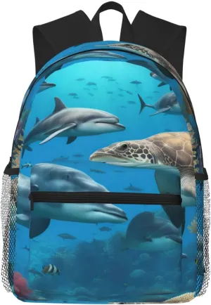 Dolphins Sea Turtle Shark Octopus Coral Reef Print Adults Casual Travel Zipper Bookbag Polyester Travel Daypack Bag Multiple Pockets