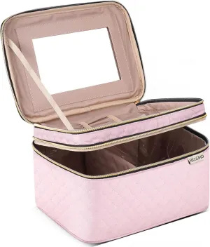 Double Layer Travel Makeup Bag Women, Cosmetic Organizer Case, Travel Essentials Accessories with Shoulder Strap for Bottles, Brushes, Conditioner, Skin Care Products, Pink