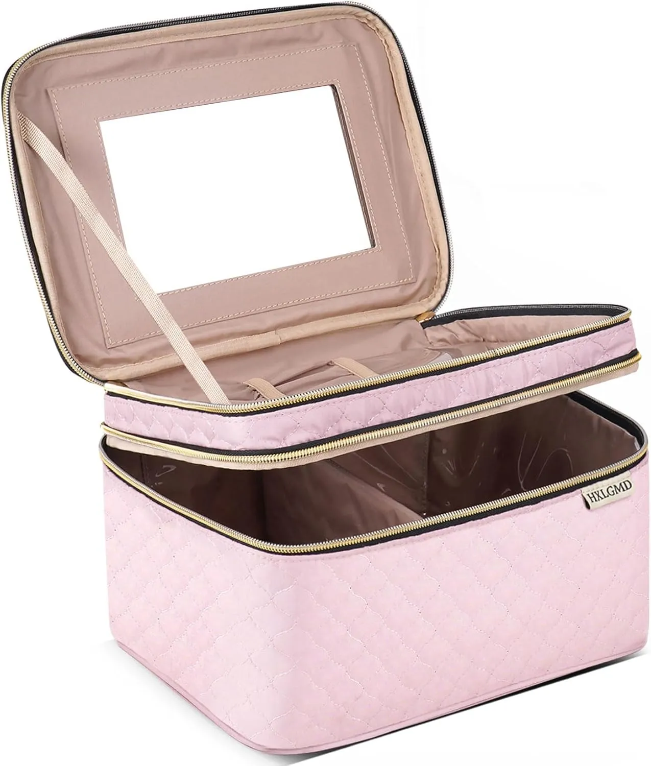 Double Layer Travel Makeup Bag Women, Cosmetic Organizer Case, Travel Essentials Accessories with Shoulder Strap for Bottles, Brushes, Conditioner, Skin Care Products, Pink