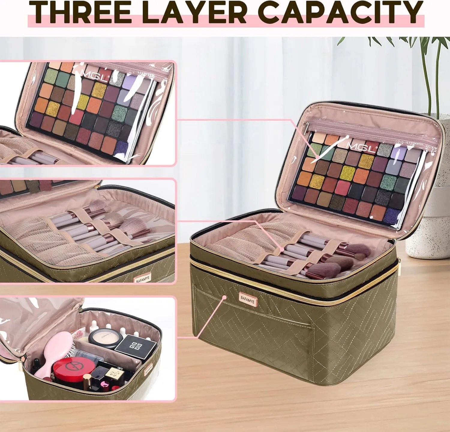 Double Layer Travel Makeup Bag Women, Large Cosmetic Case, Organizer for Travel-Size Accessories Bottles, Brushes, and Skin Care Products (Brown, Double-Layer)
