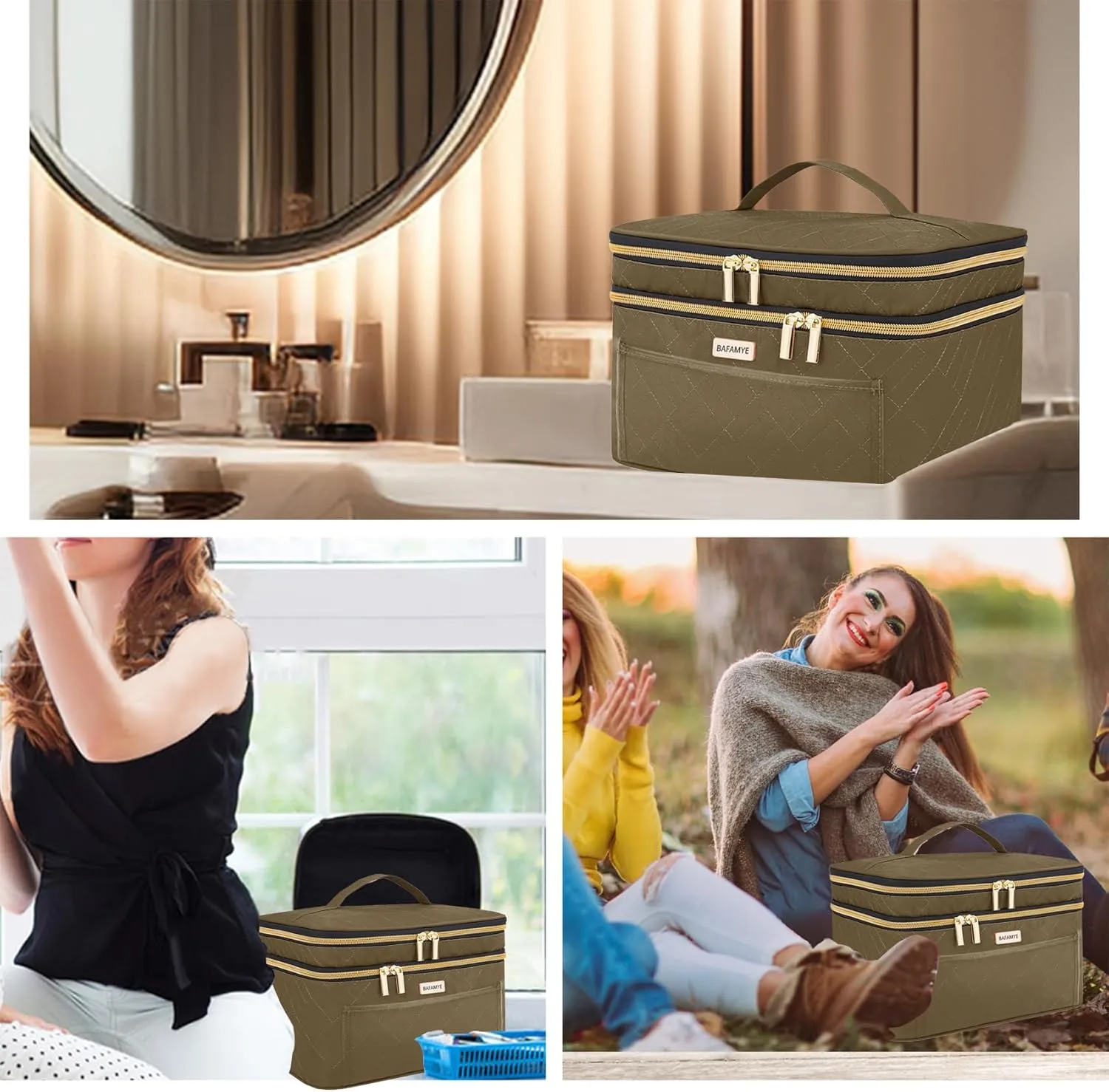 Double Layer Travel Makeup Bag Women, Large Cosmetic Case, Organizer for Travel-Size Accessories Bottles, Brushes, and Skin Care Products (Brown, Double-Layer)