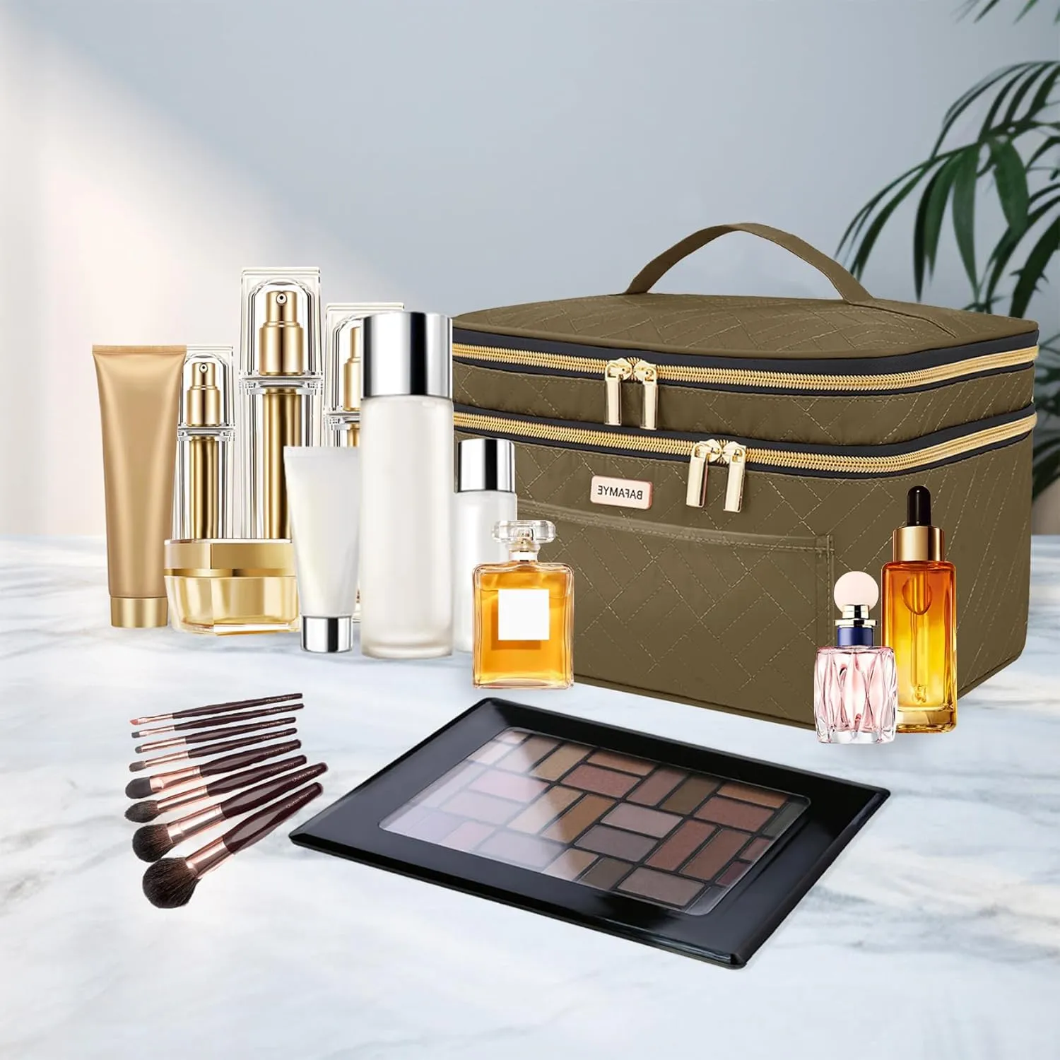 Double Layer Travel Makeup Bag Women, Large Cosmetic Case, Organizer for Travel-Size Accessories Bottles, Brushes, and Skin Care Products (Brown, Double-Layer)