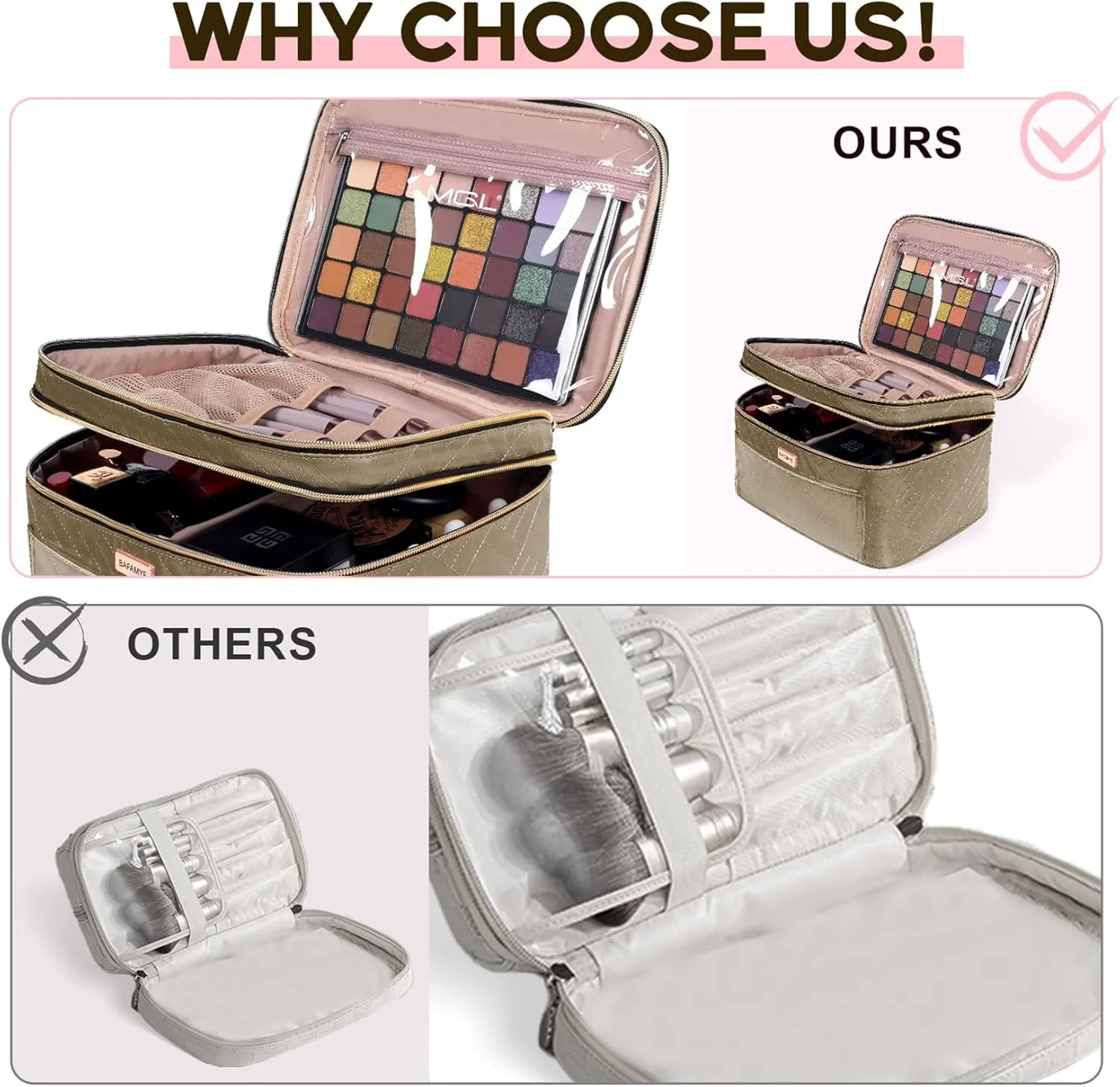 Double Layer Travel Makeup Bag Women, Large Cosmetic Case, Organizer for Travel-Size Accessories Bottles, Brushes, and Skin Care Products (Brown, Double-Layer)