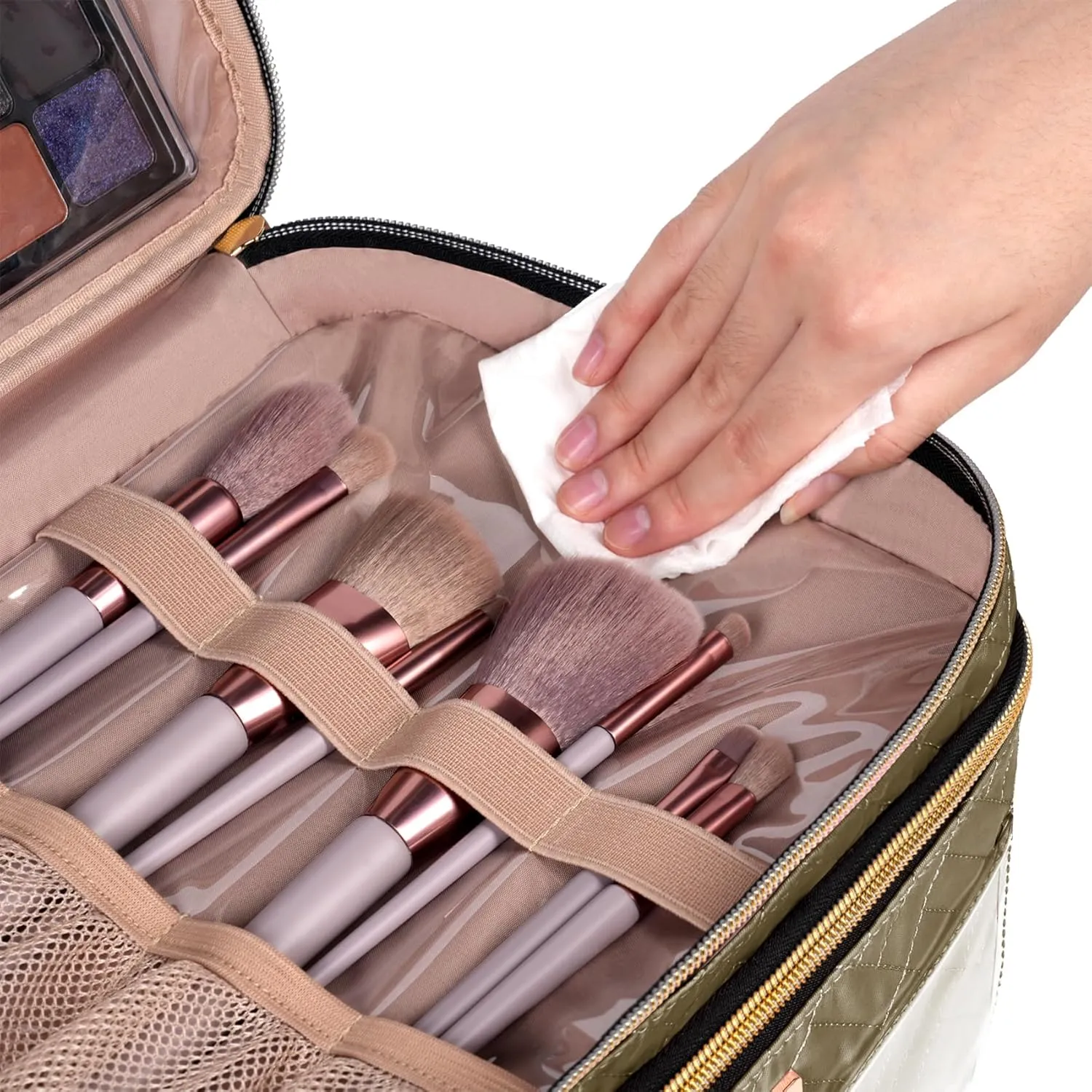Double Layer Travel Makeup Bag Women, Large Cosmetic Case, Organizer for Travel-Size Accessories Bottles, Brushes, and Skin Care Products (Brown, Double-Layer)