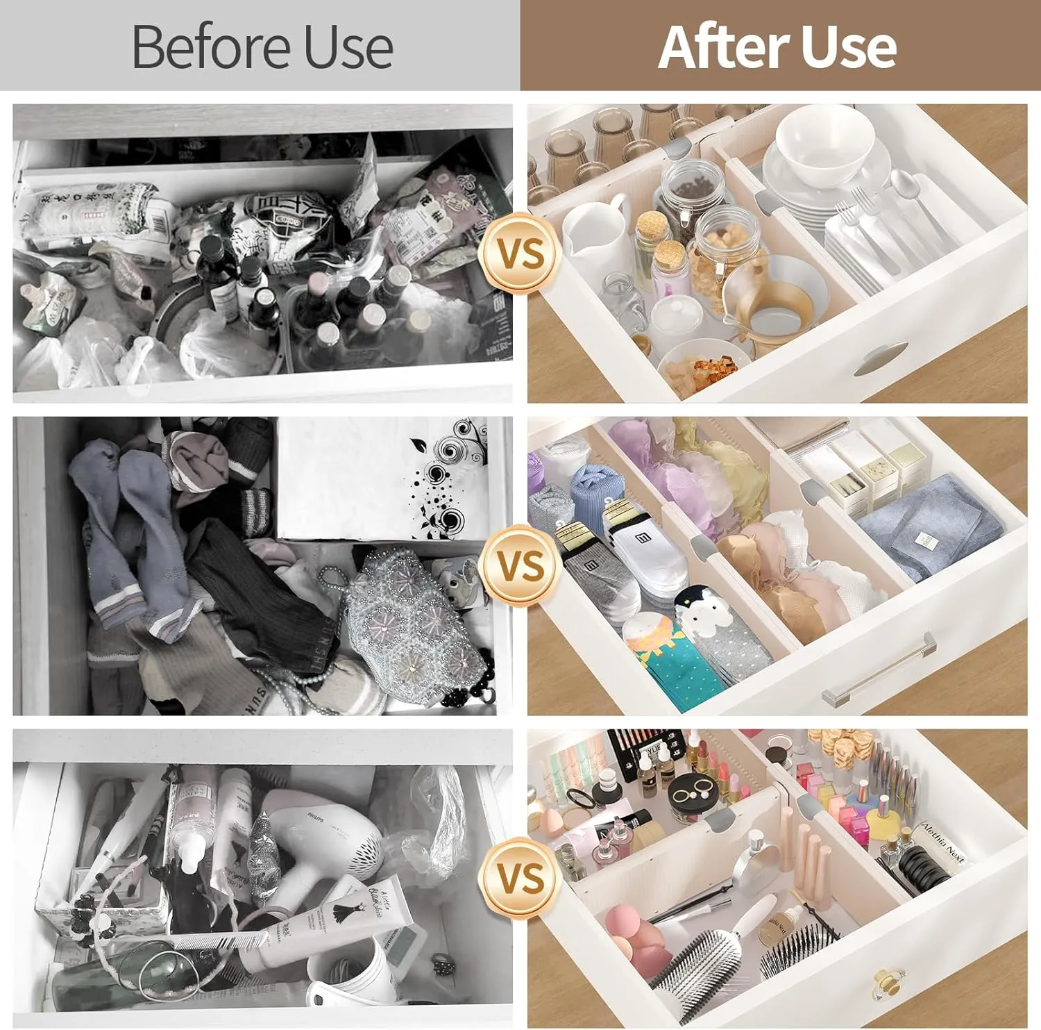 Drawer Dividers Organizer 8 Pack, Adjustable Separators 4" High Expandable from 11-17" for Bedroom, Bathroom, Closet, Clothing, Office, Kitchen (Beige, 8 PACK)