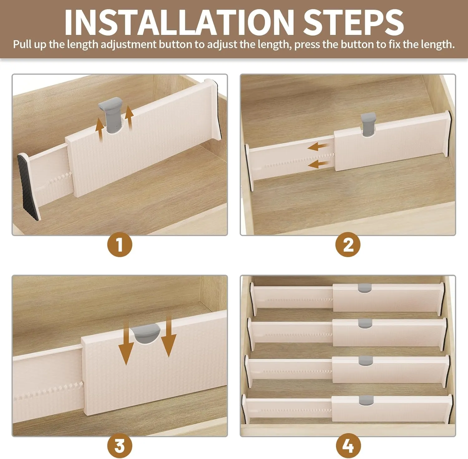 Drawer Dividers Organizer 8 Pack, Adjustable Separators 4" High Expandable from 11-17" for Bedroom, Bathroom, Closet, Clothing, Office, Kitchen (Beige, 8 PACK)