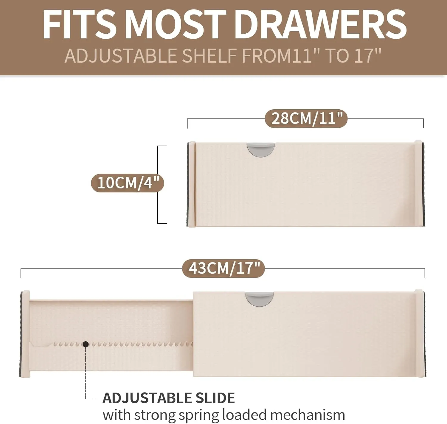 Drawer Dividers Organizer 8 Pack, Adjustable Separators 4" High Expandable from 11-17" for Bedroom, Bathroom, Closet, Clothing, Office, Kitchen (Beige, 8 PACK)