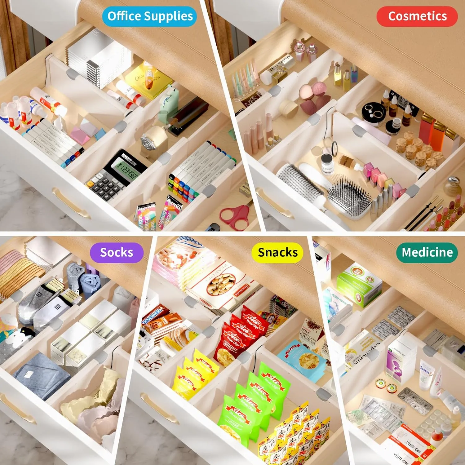 Drawer Dividers Organizer 8 Pack, Adjustable Separators 4" High Expandable from 11-17" for Bedroom, Bathroom, Closet, Clothing, Office, Kitchen (Beige, 8 PACK)