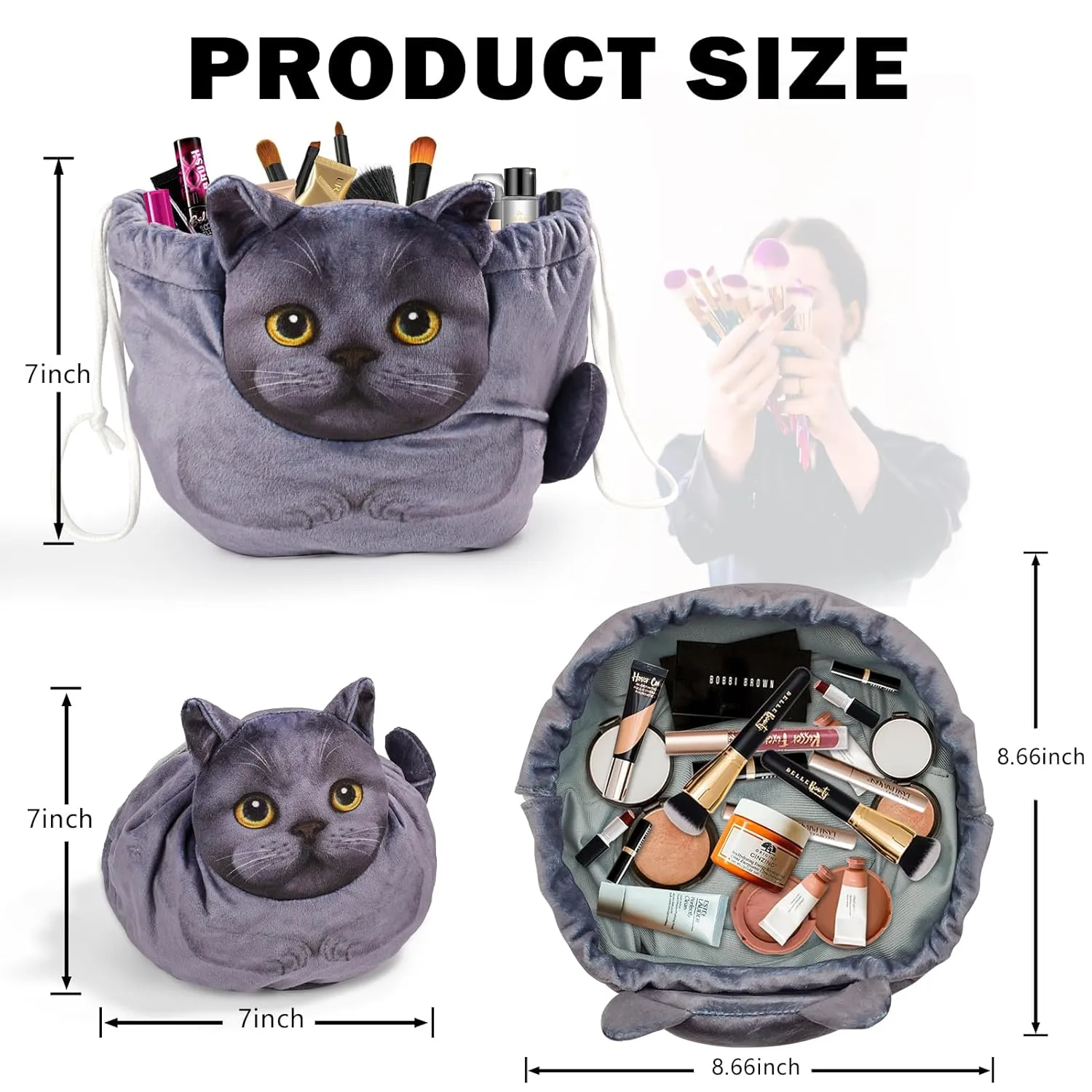 Drawstring Makeup Bag, Cat Makeup Bag, Travel Makeup Organizer, Cosmetic Pouch Bag, Cat Gift for Women, Lay Flat Makeup Bag Gifts for Cat Lovers(2-Pack)
