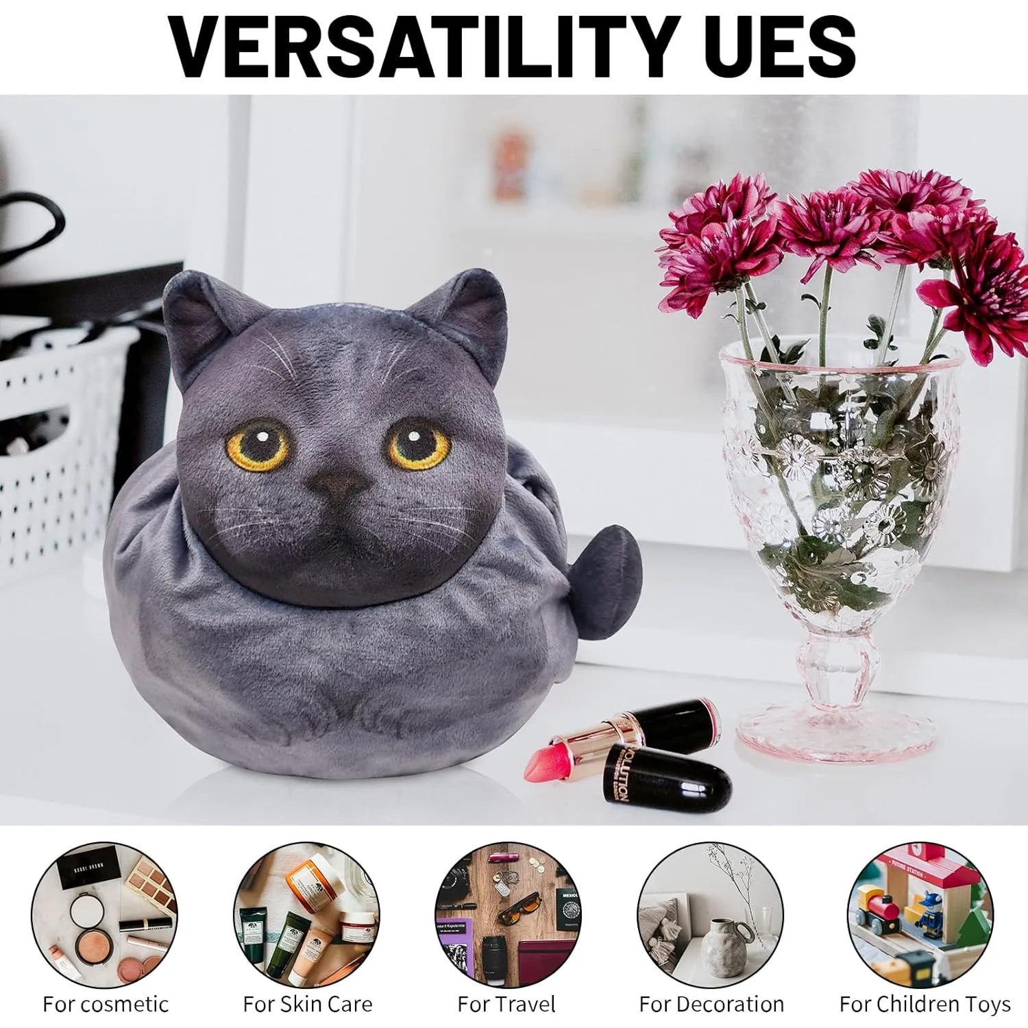 Drawstring Makeup Bag, Cat Makeup Bag, Travel Makeup Organizer, Cosmetic Pouch Bag, Cat Gift for Women, Lay Flat Makeup Bag Gifts for Cat Lovers(2-Pack)