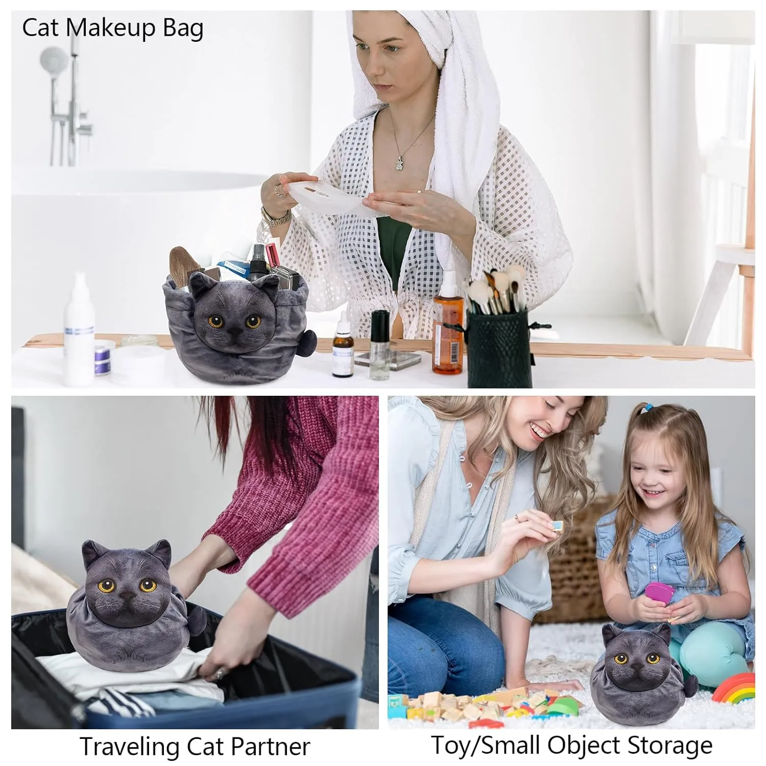 Drawstring Makeup Bag, Cat Makeup Bag, Travel Makeup Organizer, Cosmetic Pouch Bag, Cat Gift for Women, Lay Flat Makeup Bag Gifts for Cat Lovers(2-Pack)